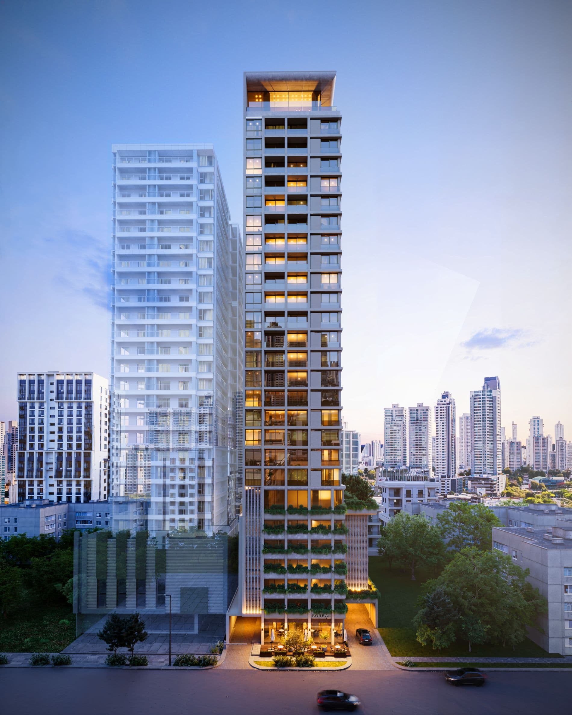 Boreal tower at dusk rising over the Obarrio skyline