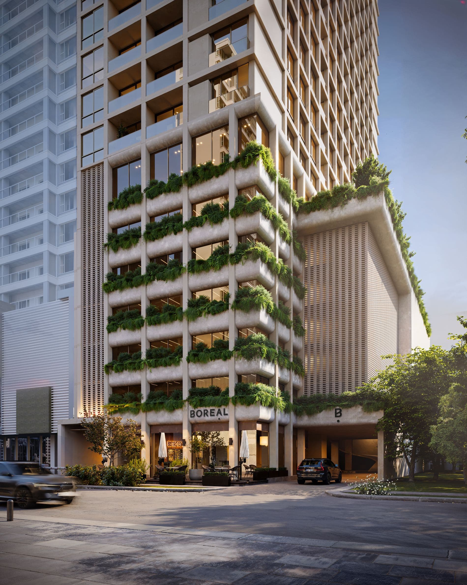 Street-level view of the Boreal building with its planted balconies