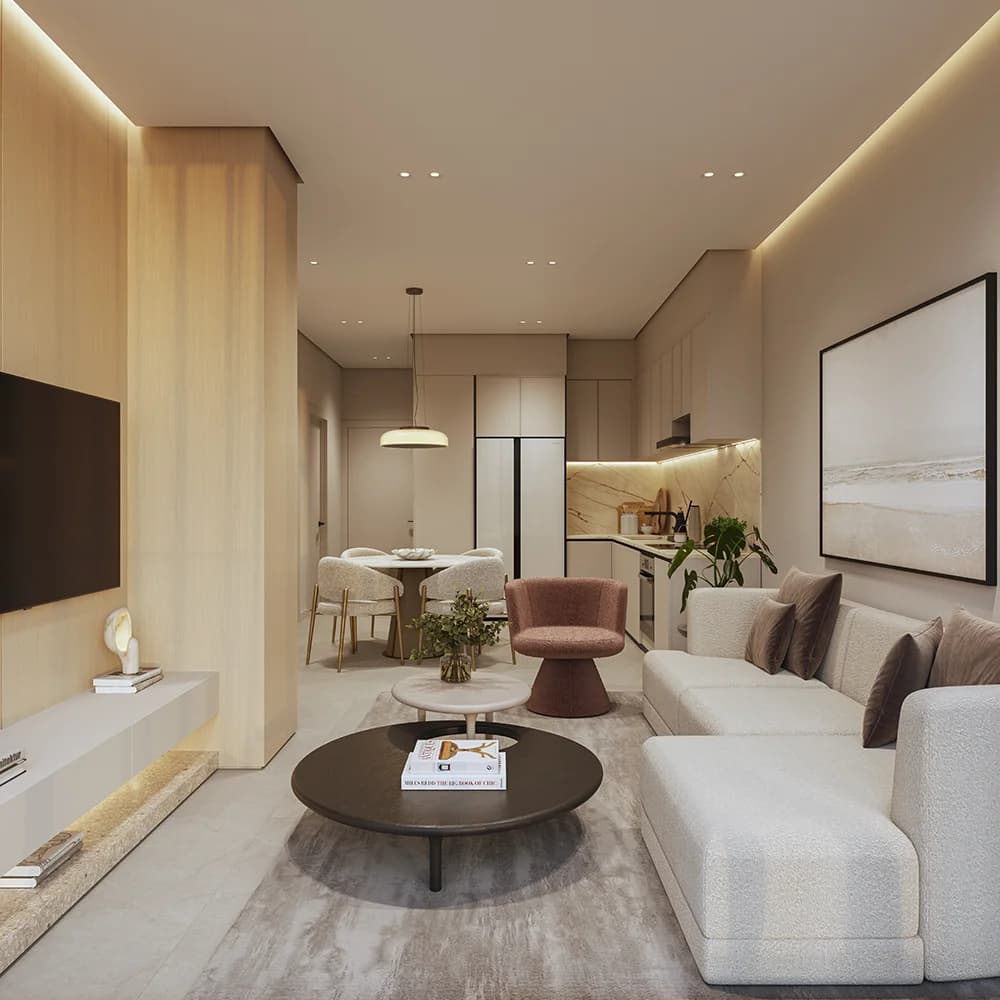 Living and dining room of an apartment at Boreal Obarrio