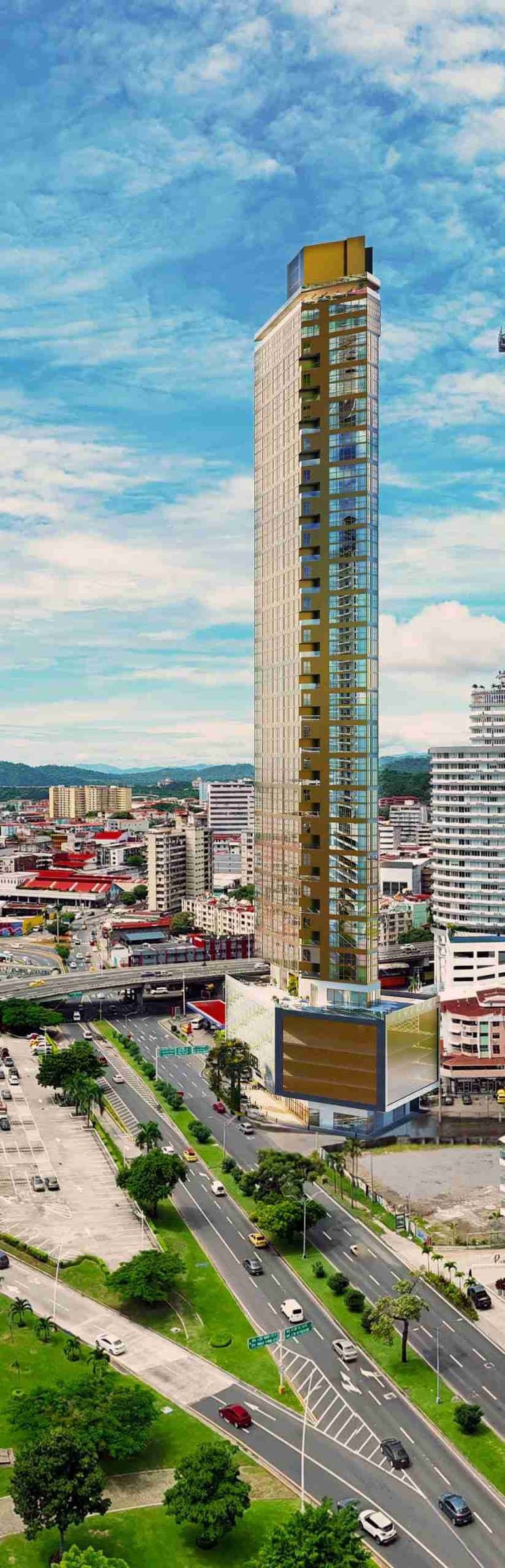 Vertical render of The Label by Loft Art tower on Avenida Balboa