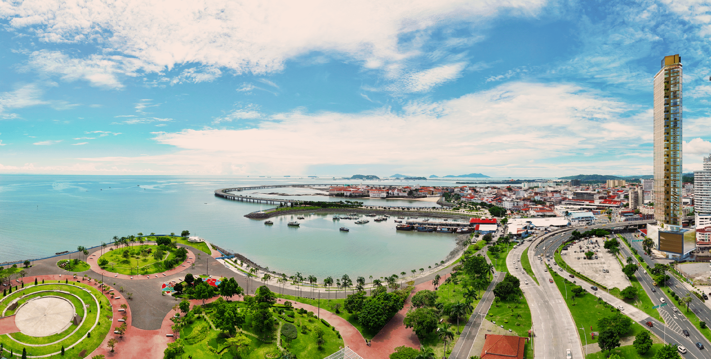 Aerial render of The Label by Loft Art over the Cinta Costera and the bay