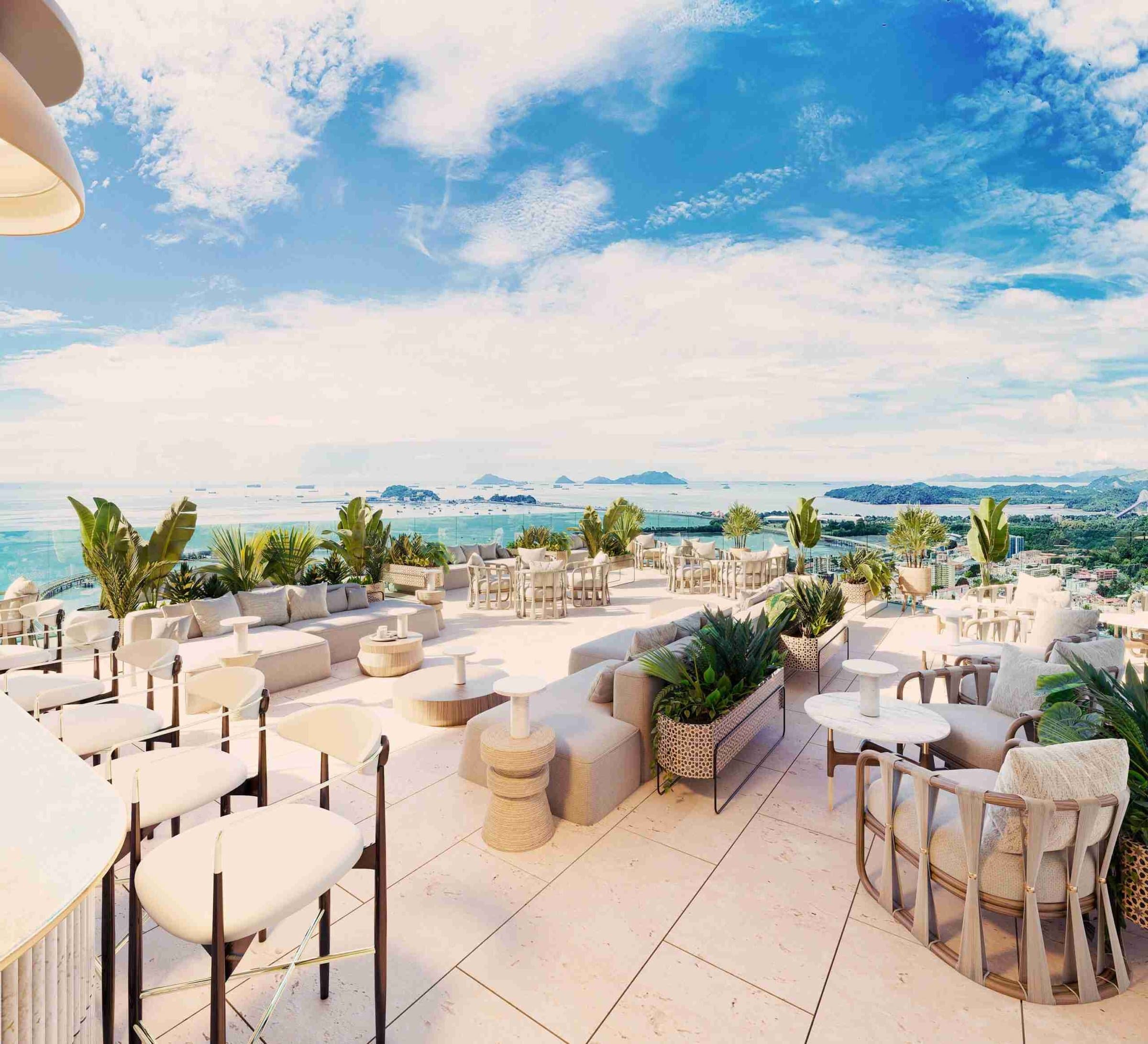Open-air lounge with bay views at The Label by Loft Art