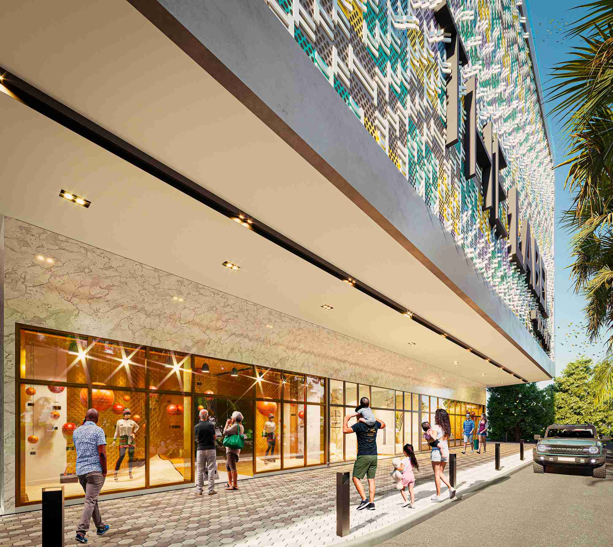 Street-level commercial arcade at The Label by Loft Art