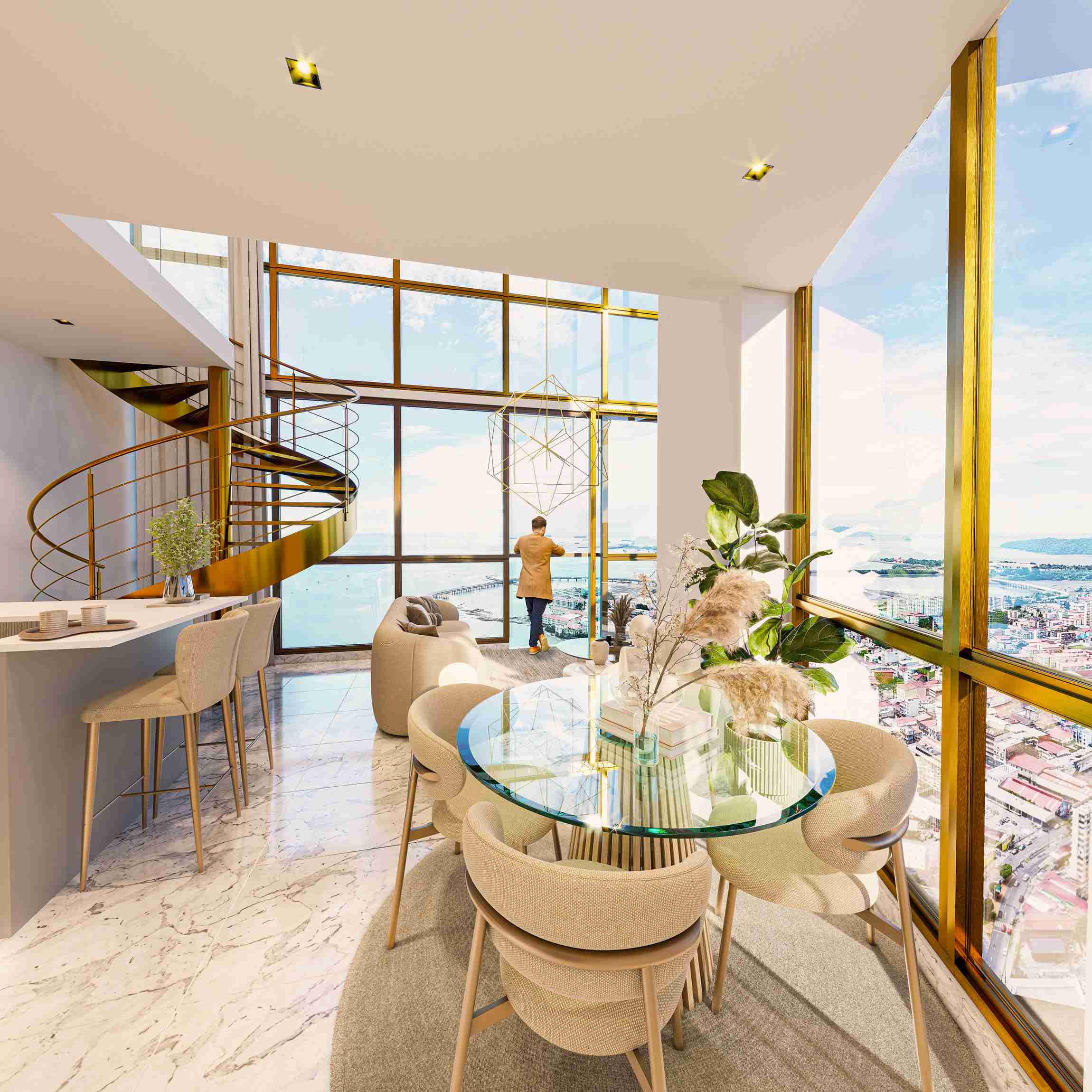 Double-height loft dining area with ocean view at The Label by Loft Art