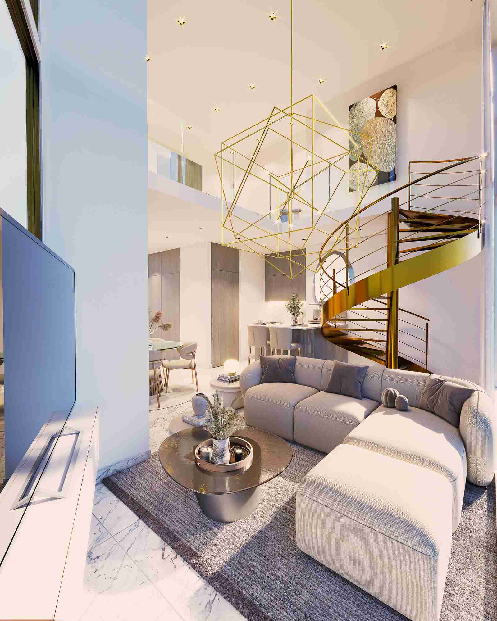 Double-height loft living room with spiral staircase at The Label by Loft Art