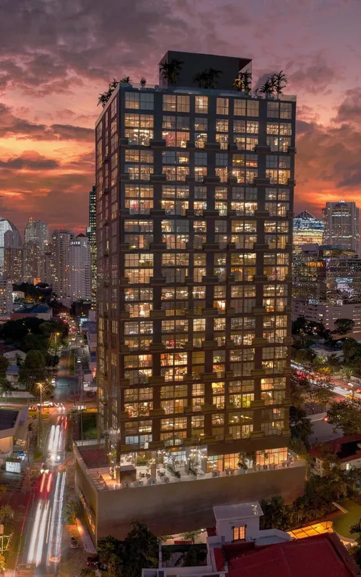Vertical render of The Label by Loft Obarrio tower at dusk