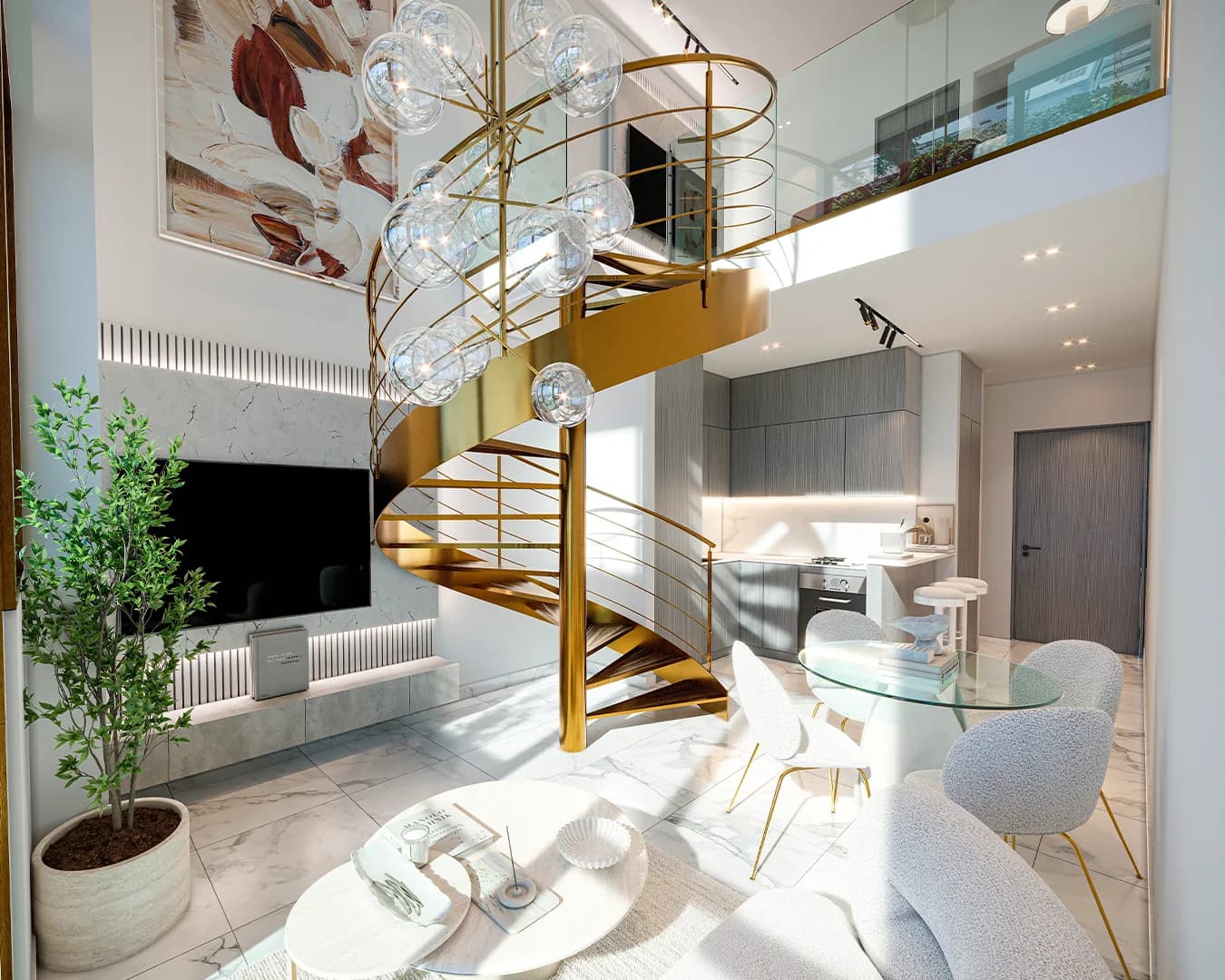 Double-height loft living area with spiral staircase at The Label by Loft Obarrio