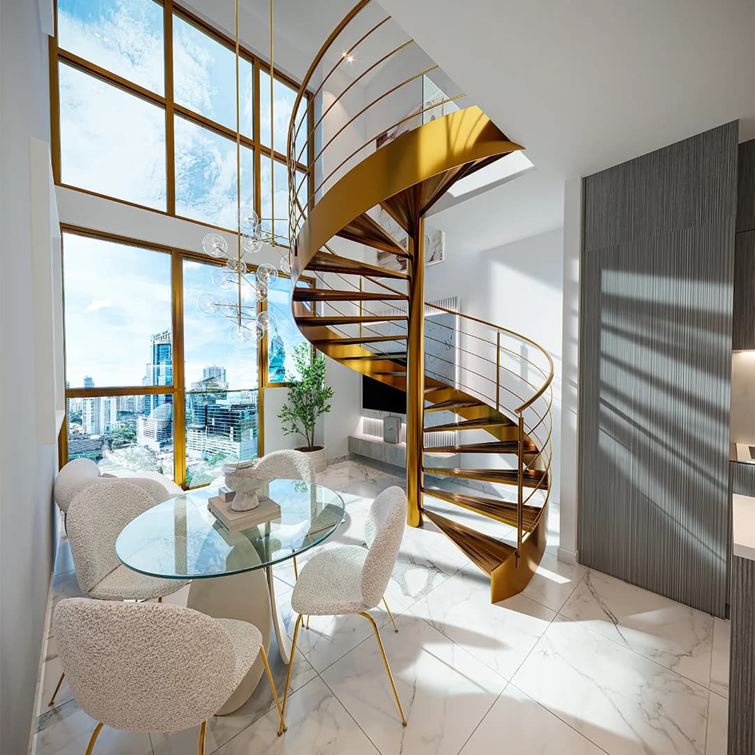 Loft dining area under a double-height window at The Label by Loft Obarrio