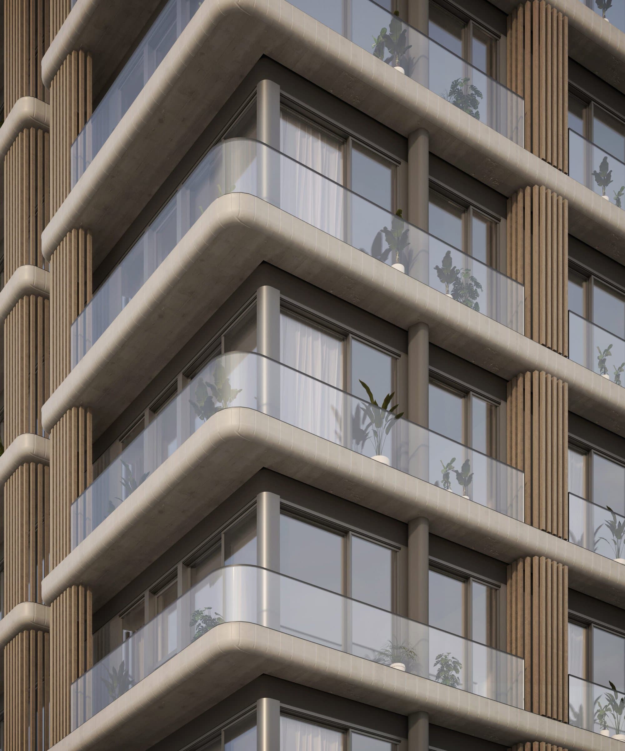 Vertical view of the Paly facade with curved balconies and wood-slat details