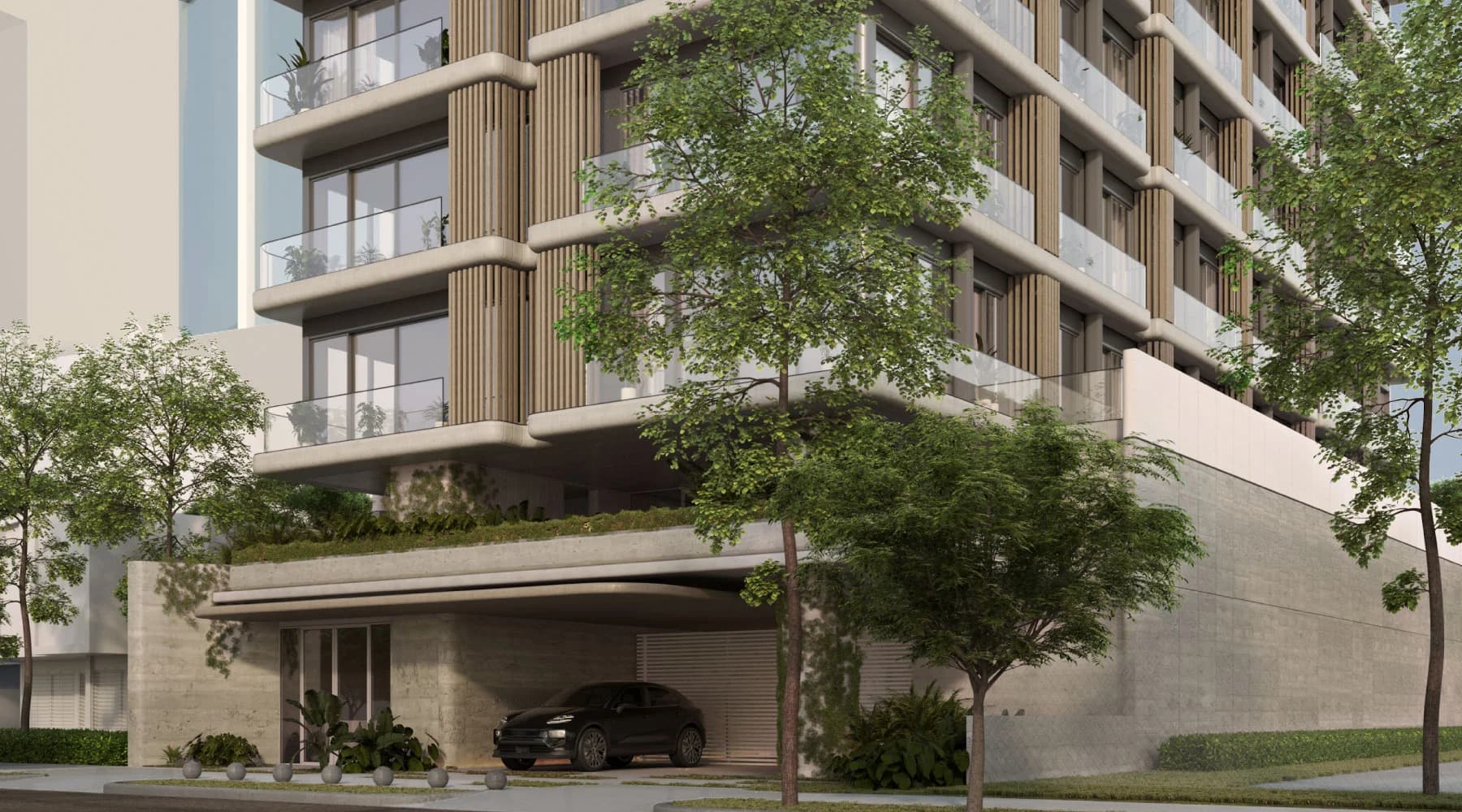 Street-level view of the Paly facade with balconies and planted terrace