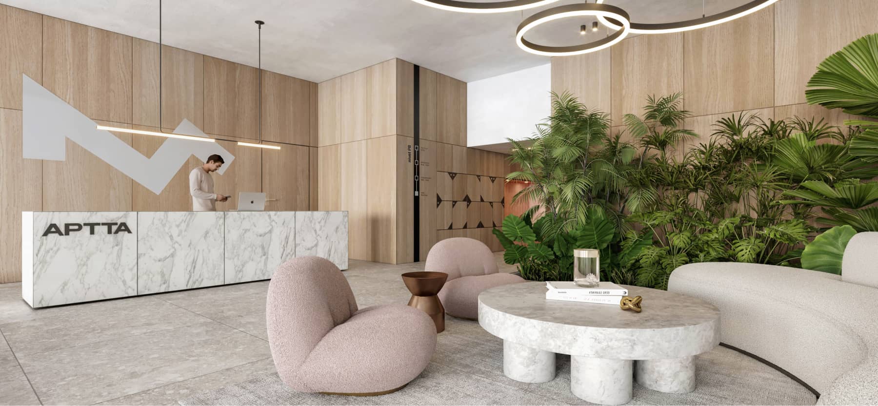 Biophilic lobby and reception at APTTA