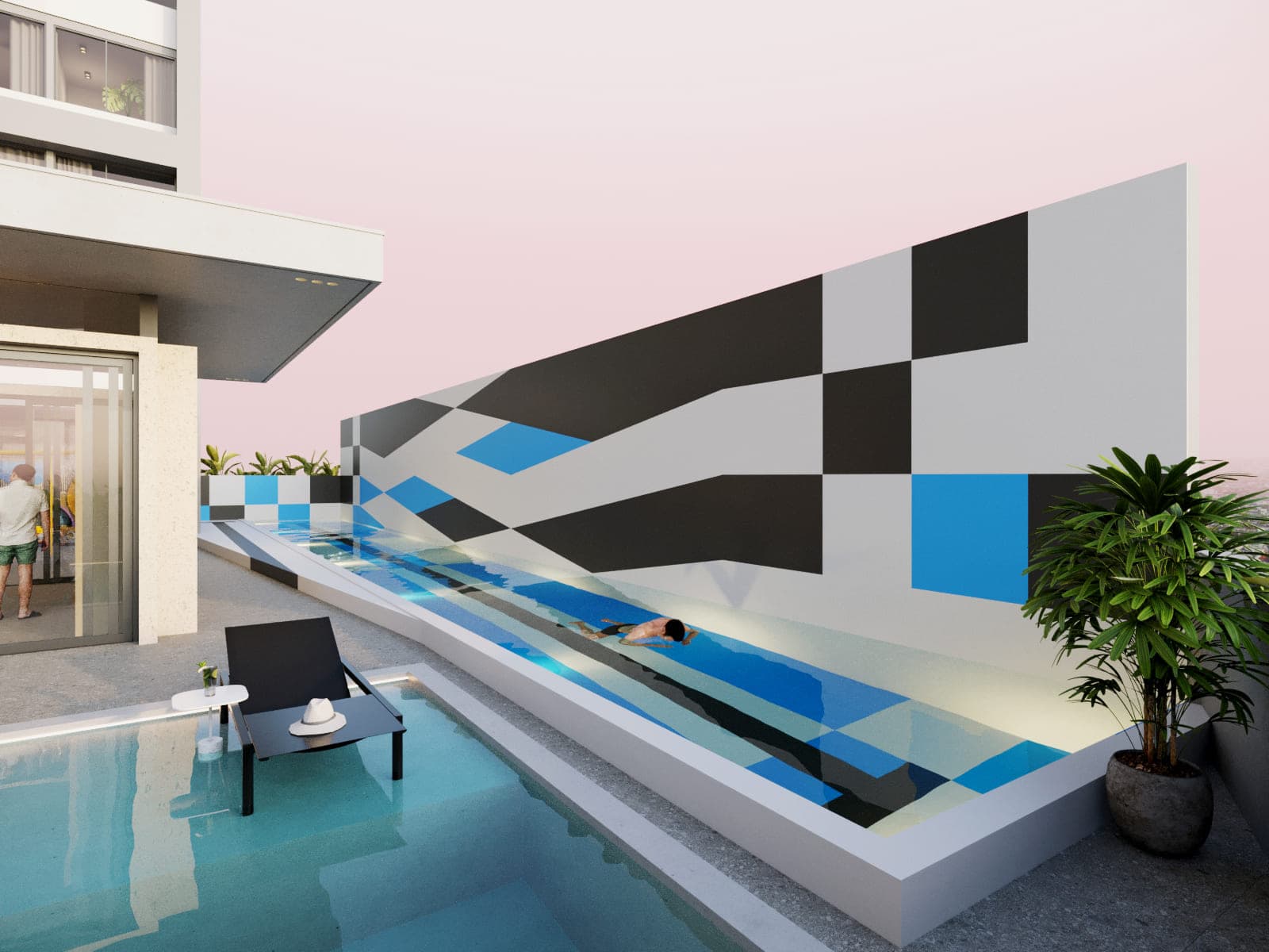 Swimming-lane pool with the art mural at Nostrum
