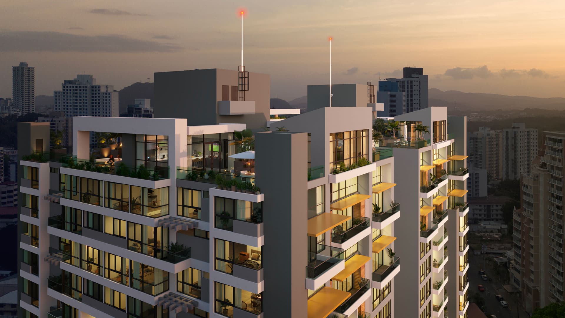 Terraced balconies of the LOV El Cangrejo tower at sunset