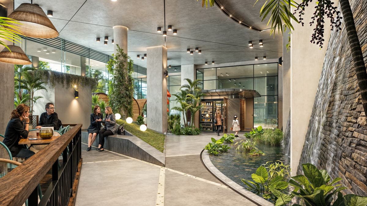 Tree-filled lobby of LOV El Cangrejo