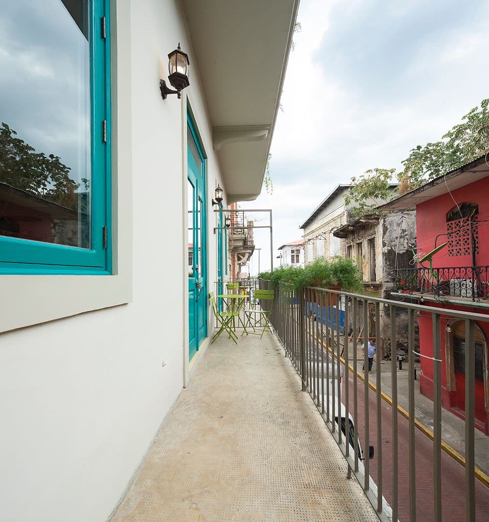 Balcony of apartment 805 at Casa 8-23 running along a street in Casco Antiguo