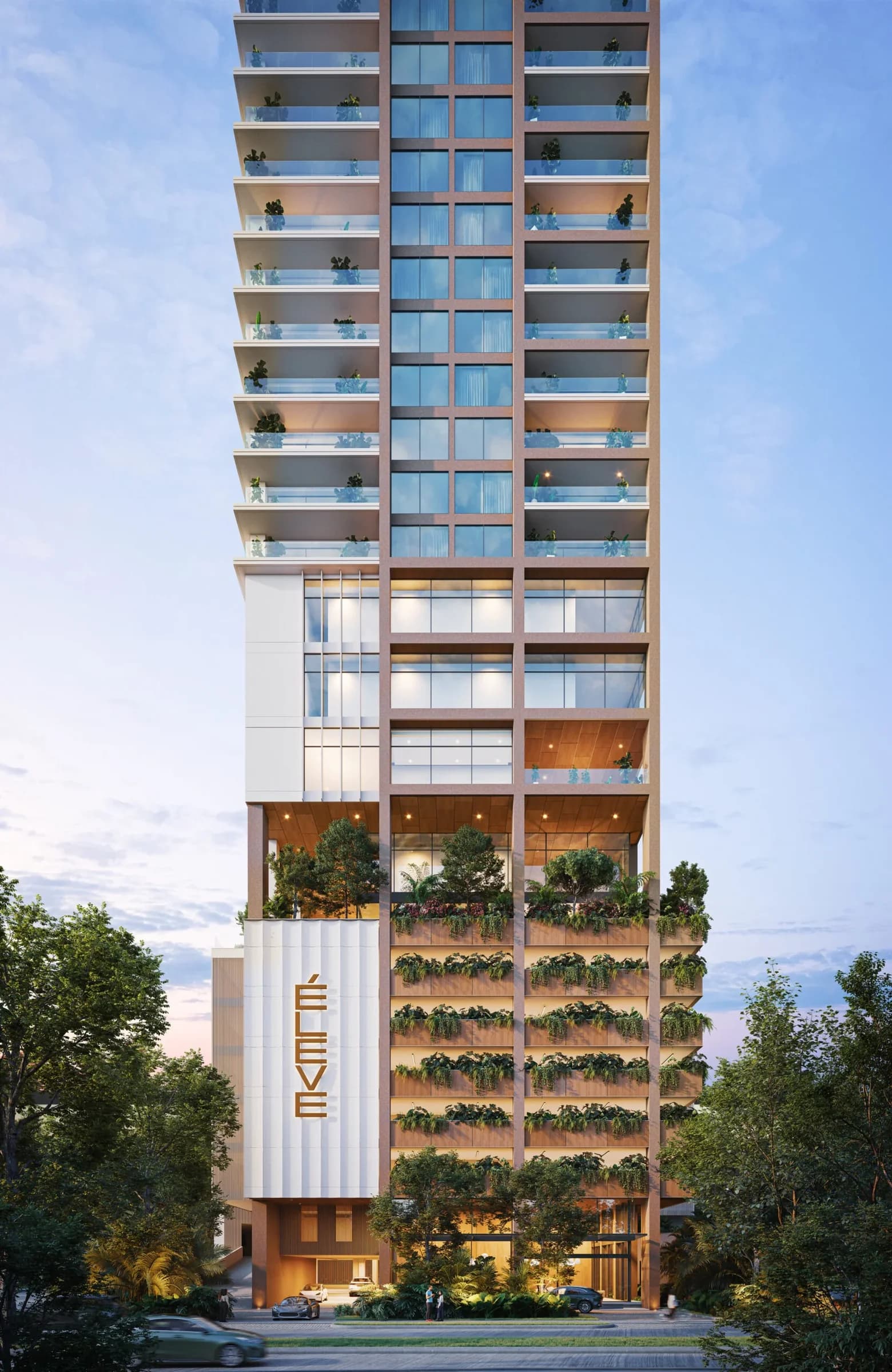 Facade of the Éleve residential tower in Santa Maria, Panama
