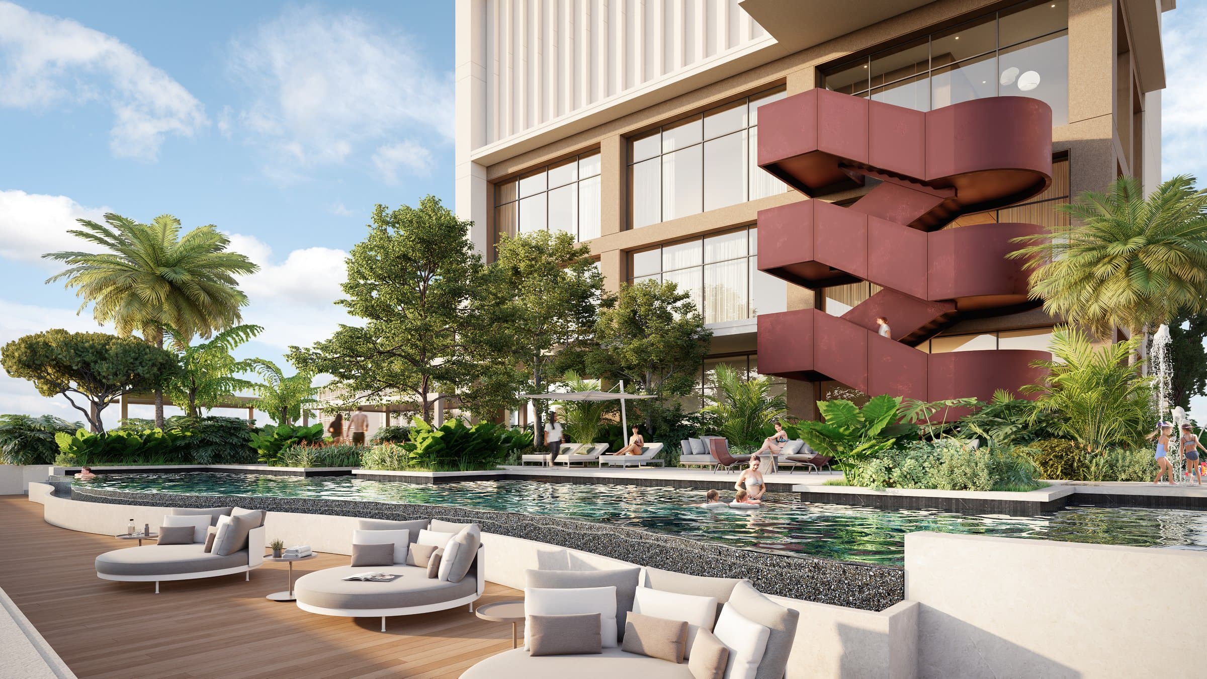 Infinity pool and lounge deck in the social area of Éleve