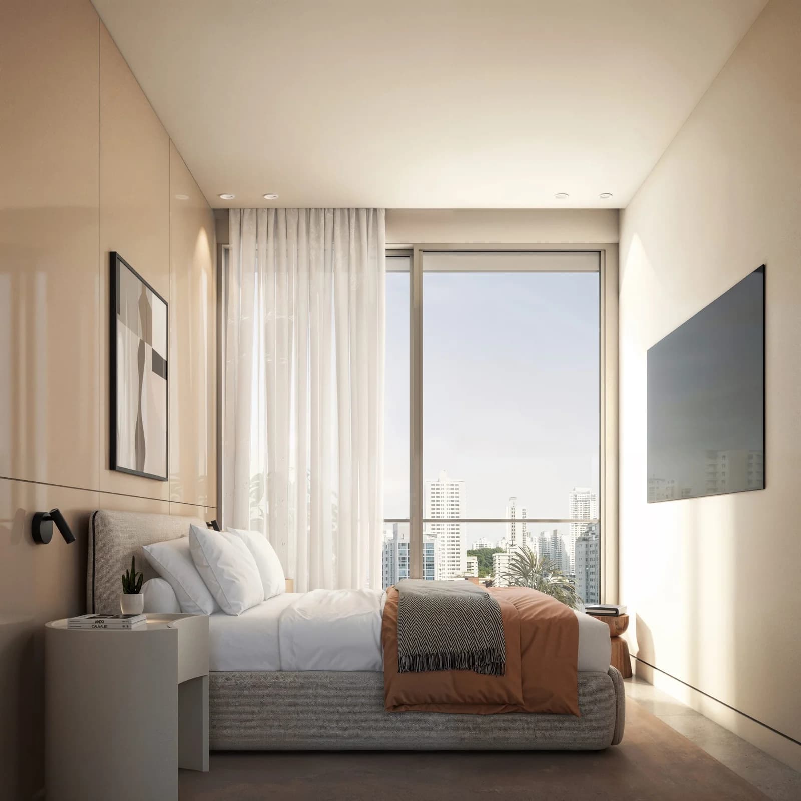 Bedroom with city views in an apartment at KYTE by Living
