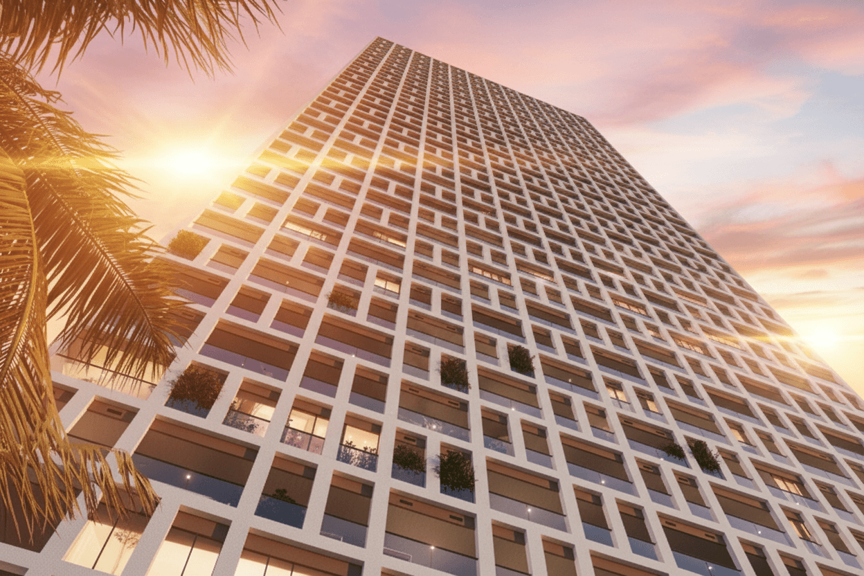 Facade of the Mare Nostrum tower seen from below at sunset