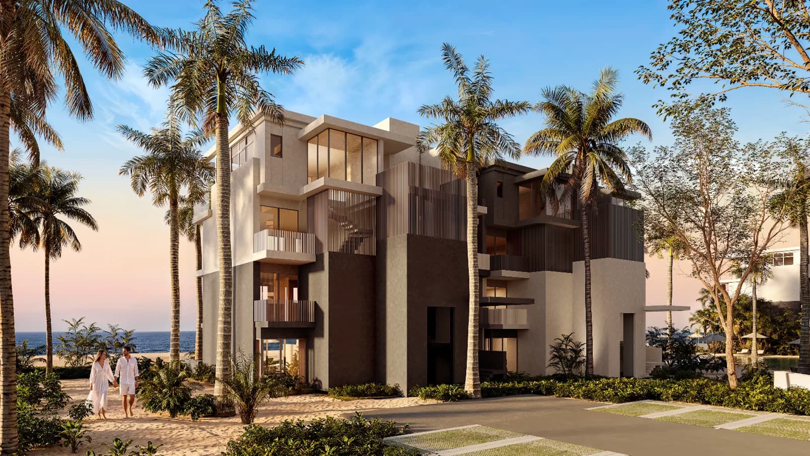 Two-storey beach houses among palm trees at Seashore Reserve, Playa Caracol, Panama
