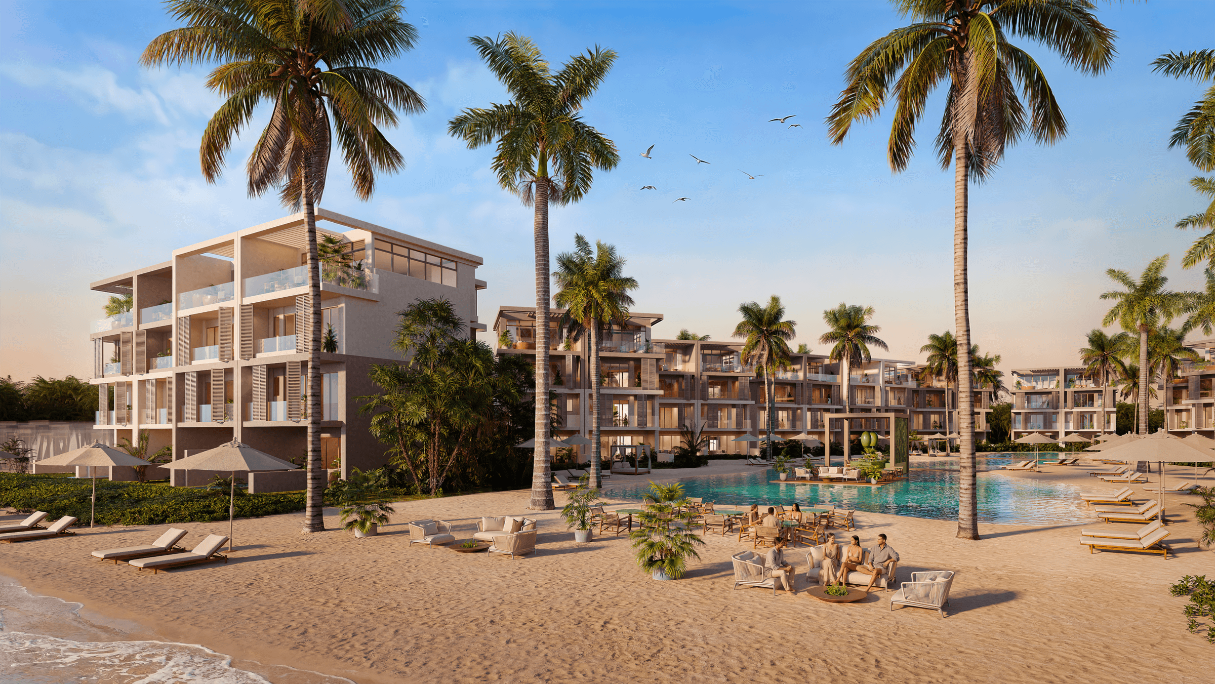 Beachfront houses and sand at Seashore Reserve, Playa Caracol