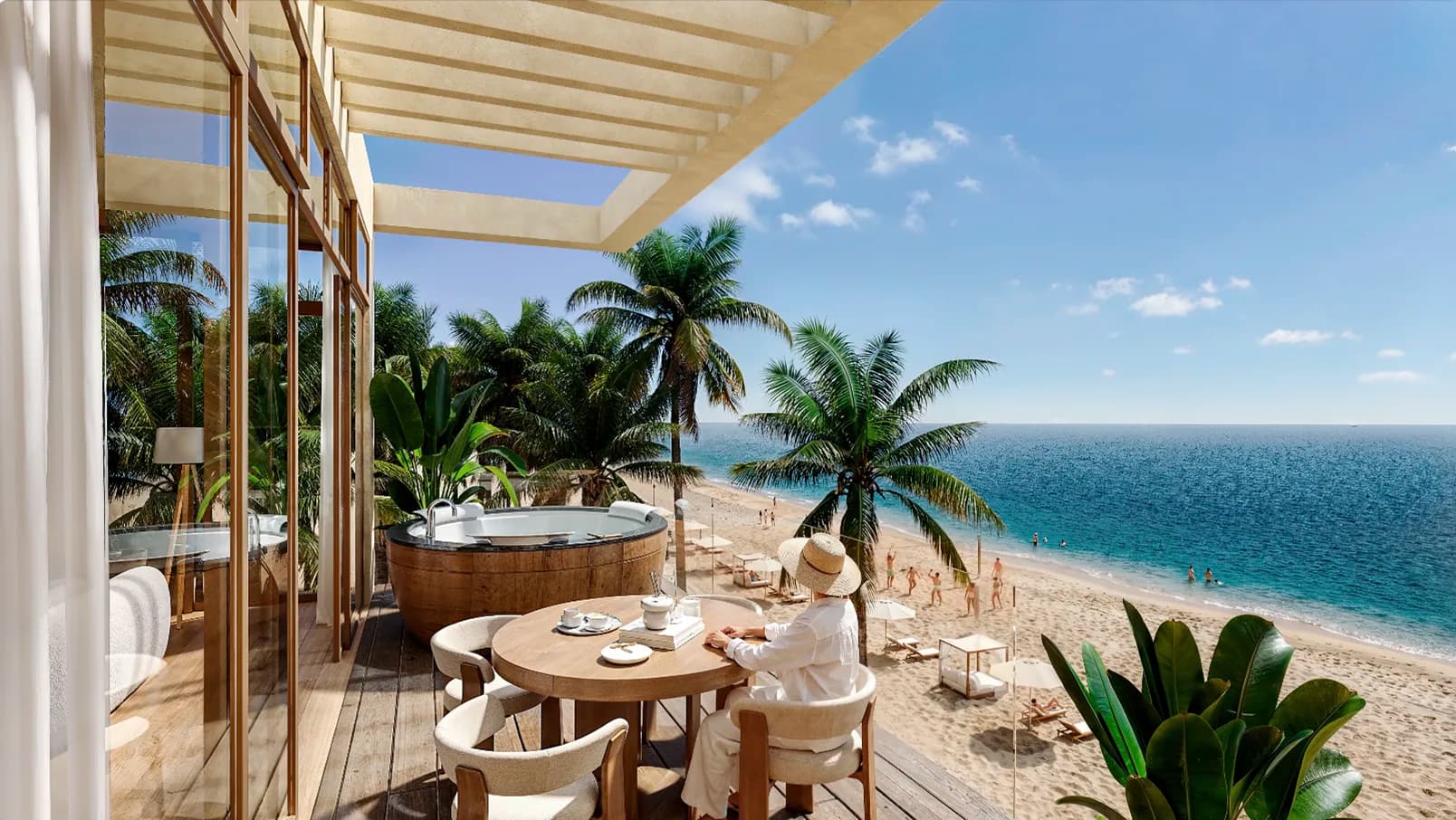 Upper terrace with dining area and ocean view at a Seashore Reserve house