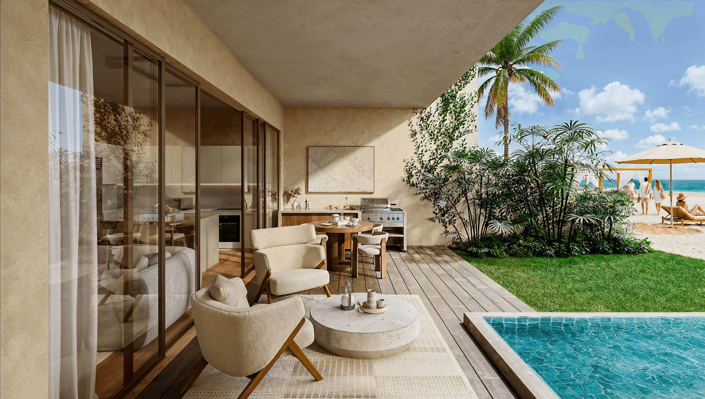 Garden terrace with private plunge pool at a Seashore Reserve house