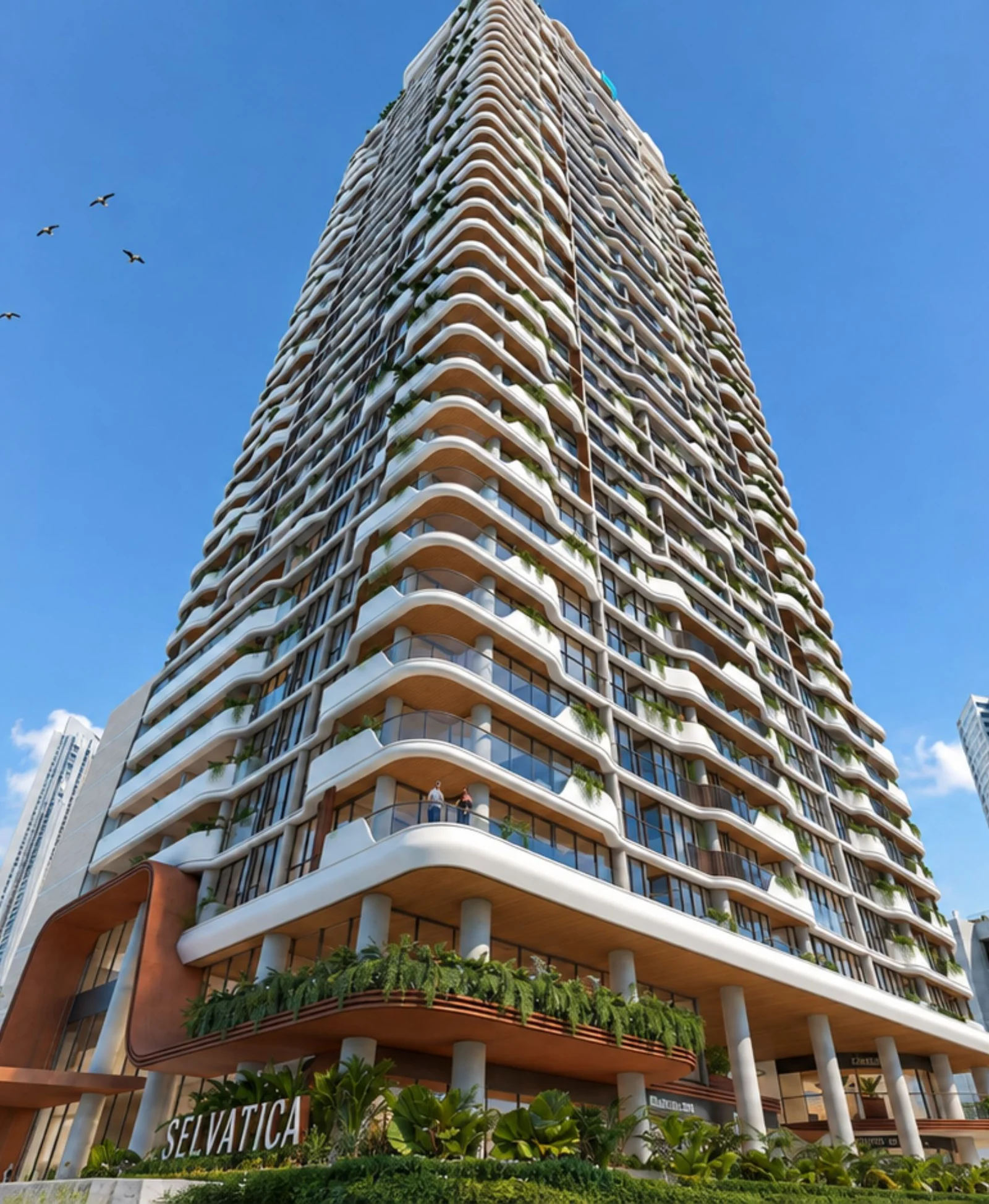Facade render of the Selvática Residences tower in Costa del Este, Panama