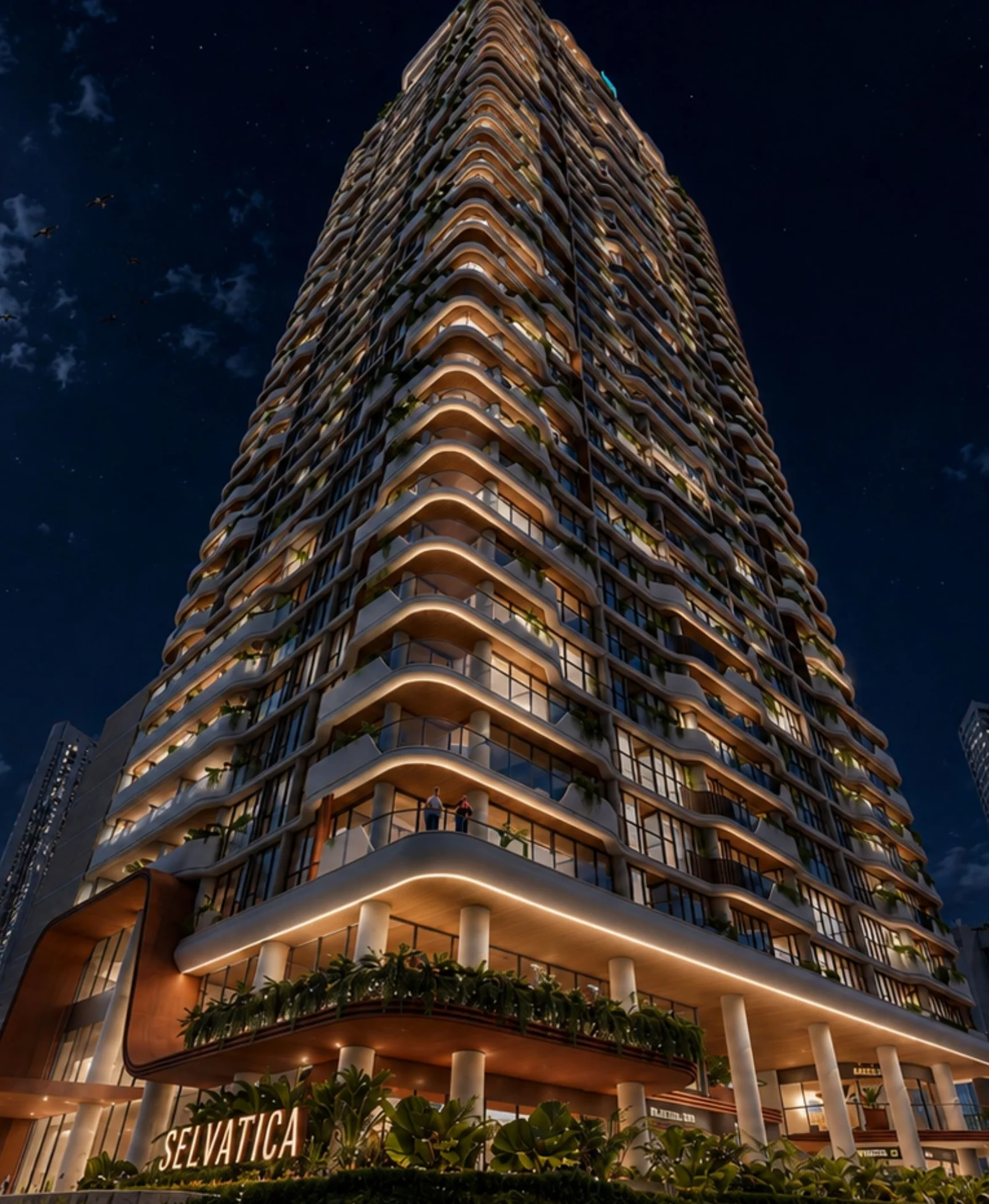 Night view of the Selvática Residences tower, Costa del Este