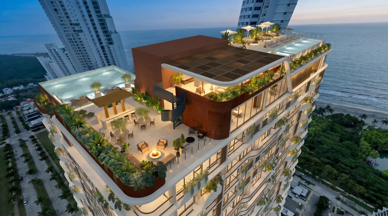 Aerial view of the rooftop levels of Selvática Residences facing the Pacific