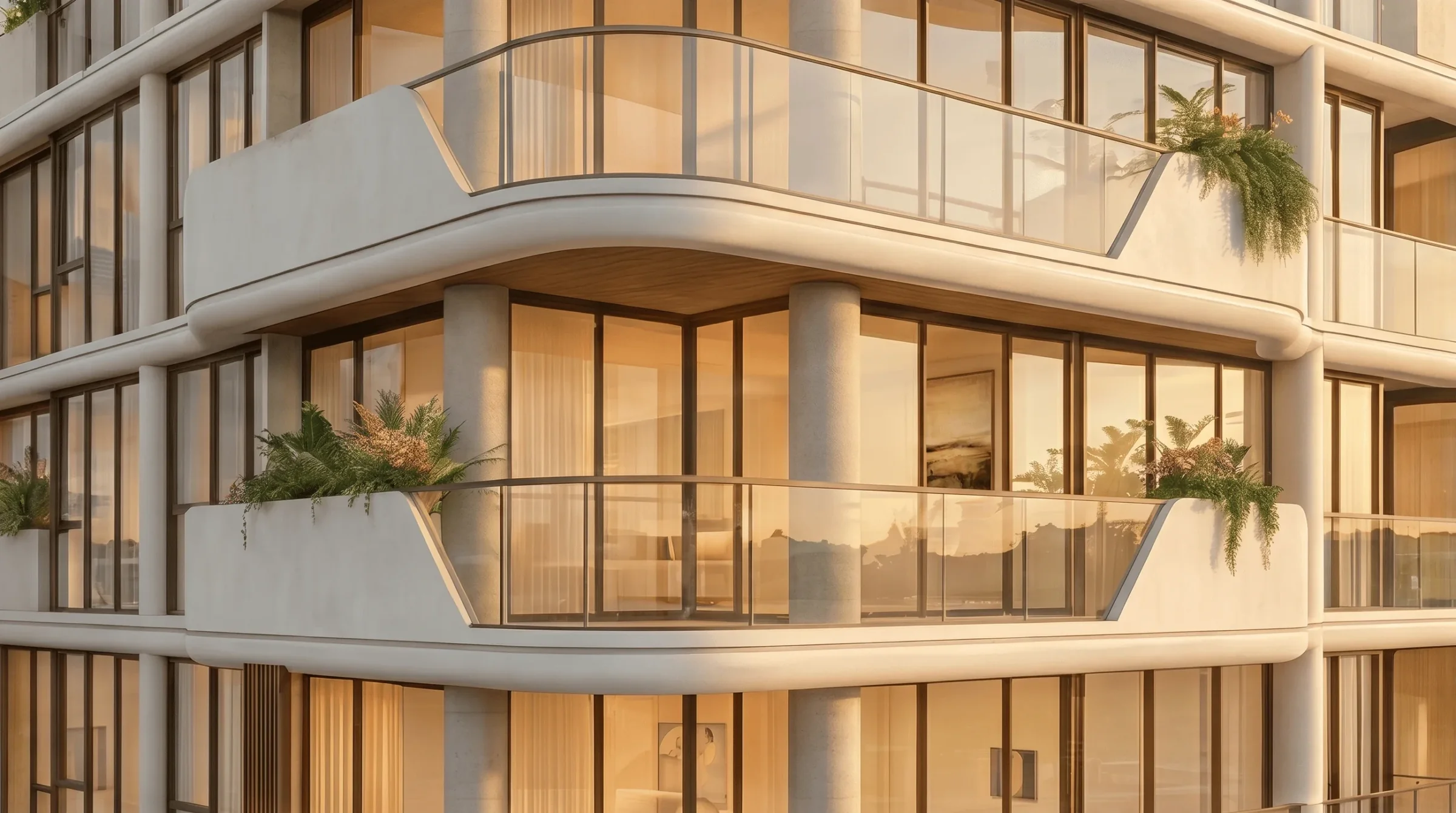 Curved balconies with planters on the corner of Selvática Residences