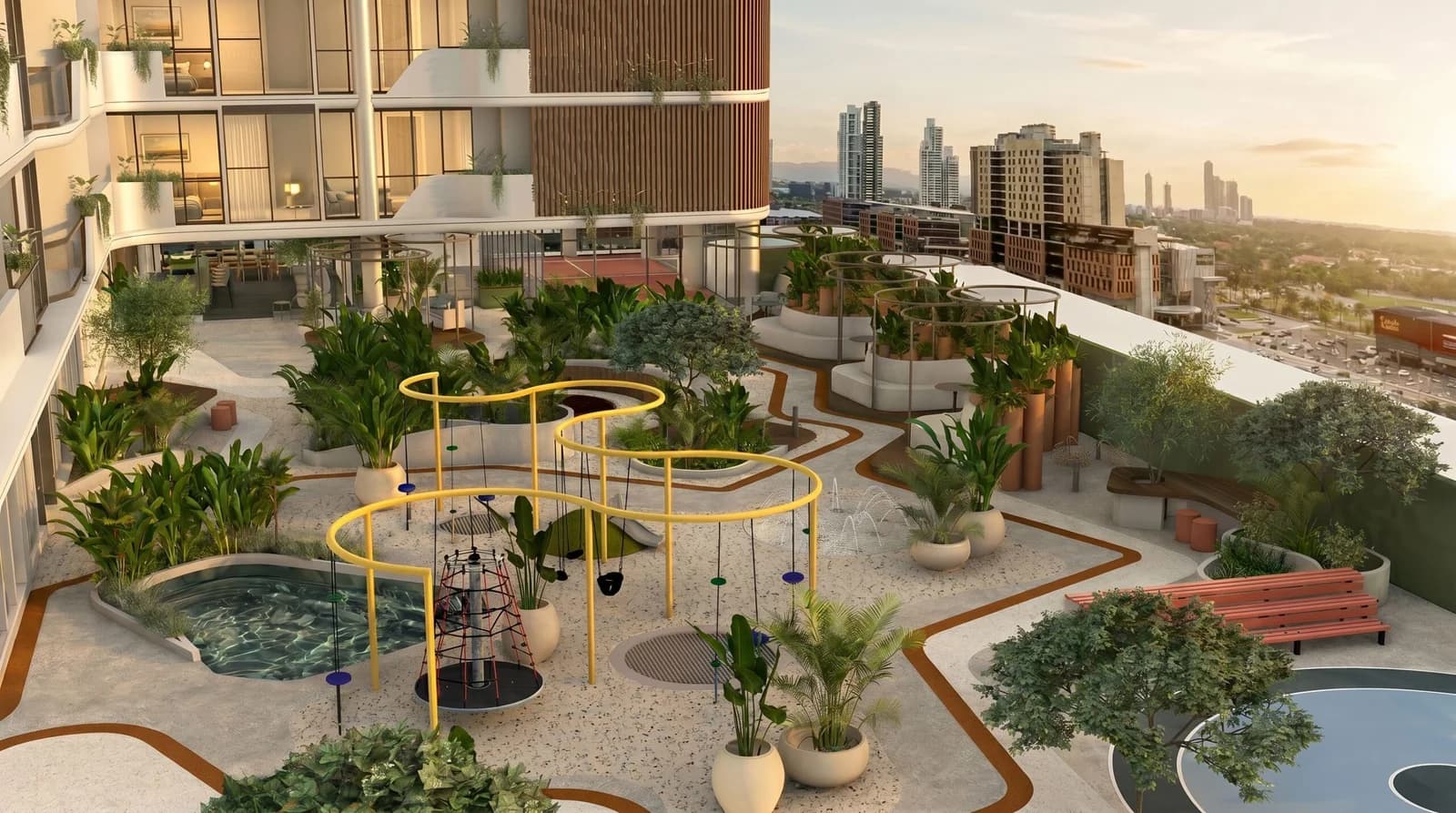 Amenity-level gardens, splash pad and play areas at Selvática Residences
