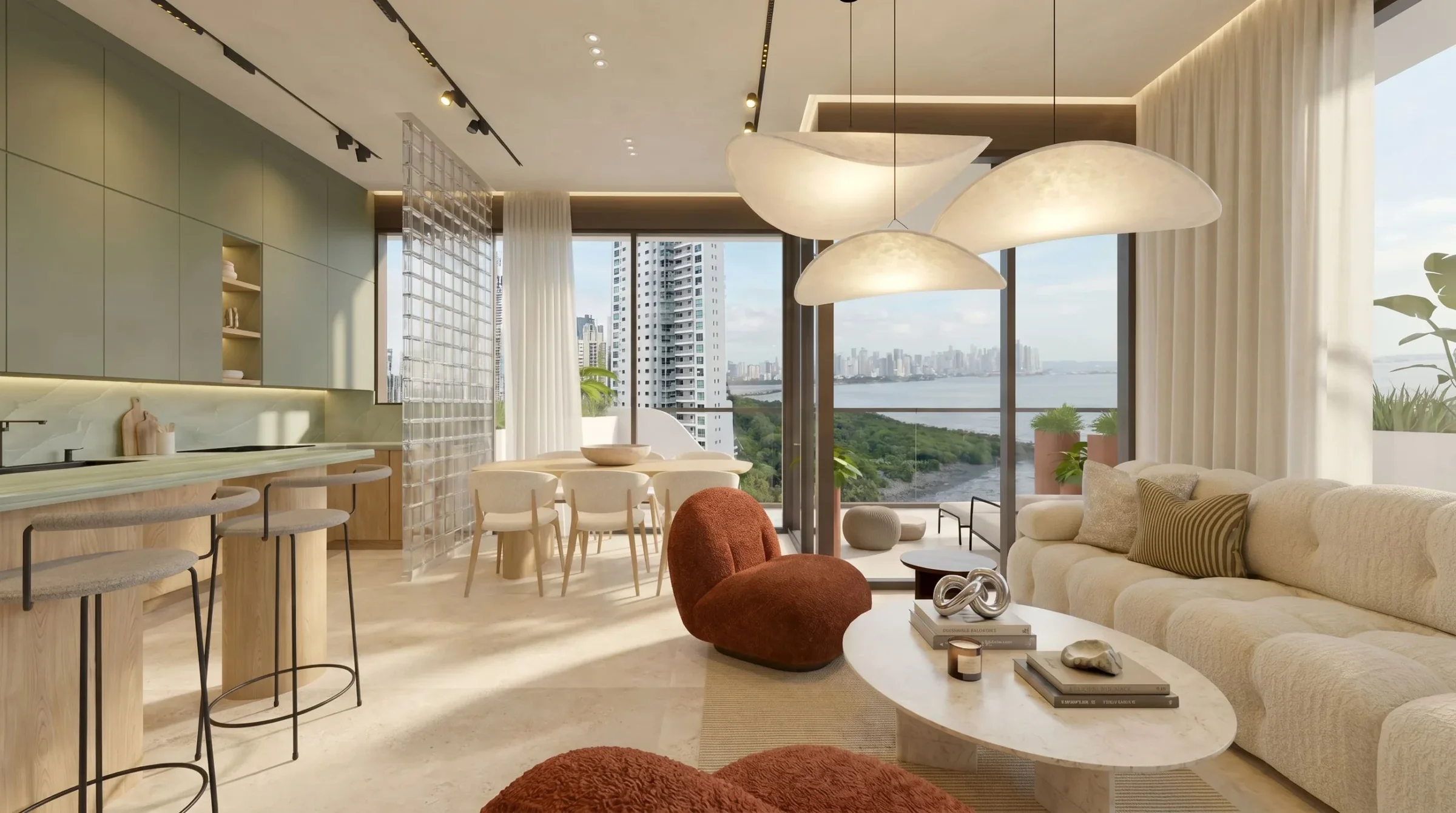 Living room and kitchen of a 110 m² apartment at Selvática Residences