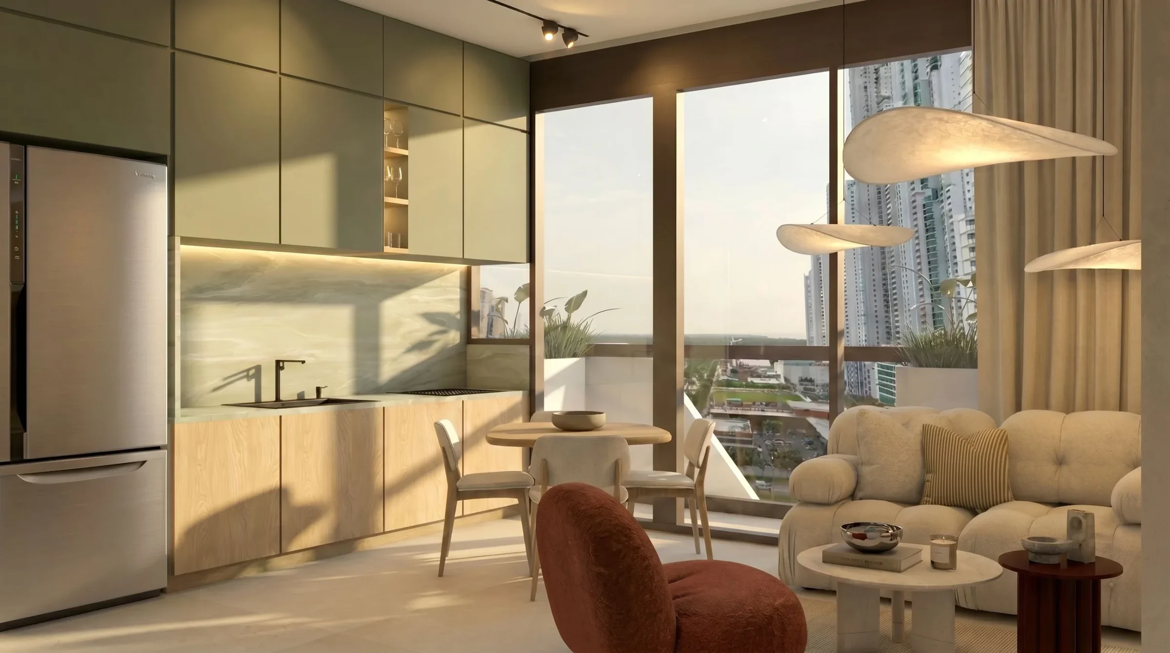 Living area and kitchen of a 60 m² apartment at Selvática Residences