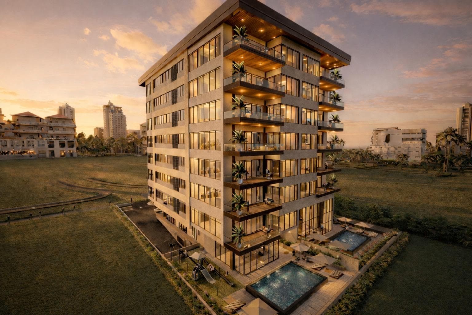 Facade render of the Lumina building at dusk in Santa Maria, Panama