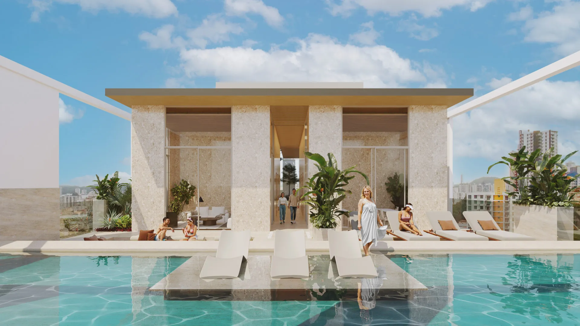 Rooftop pool with sun loungers and city views at Gesti 66