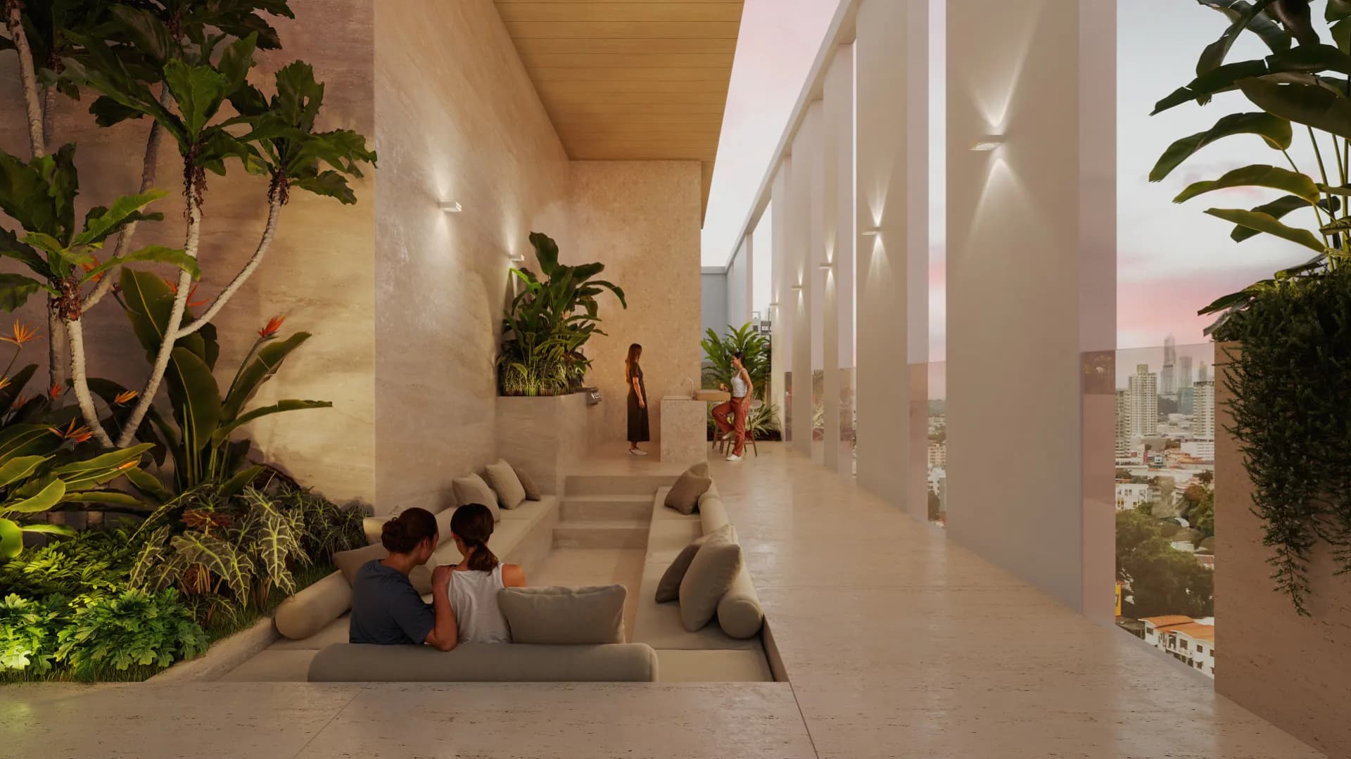 Sunken lounge with planters in the social area of Gesti 66