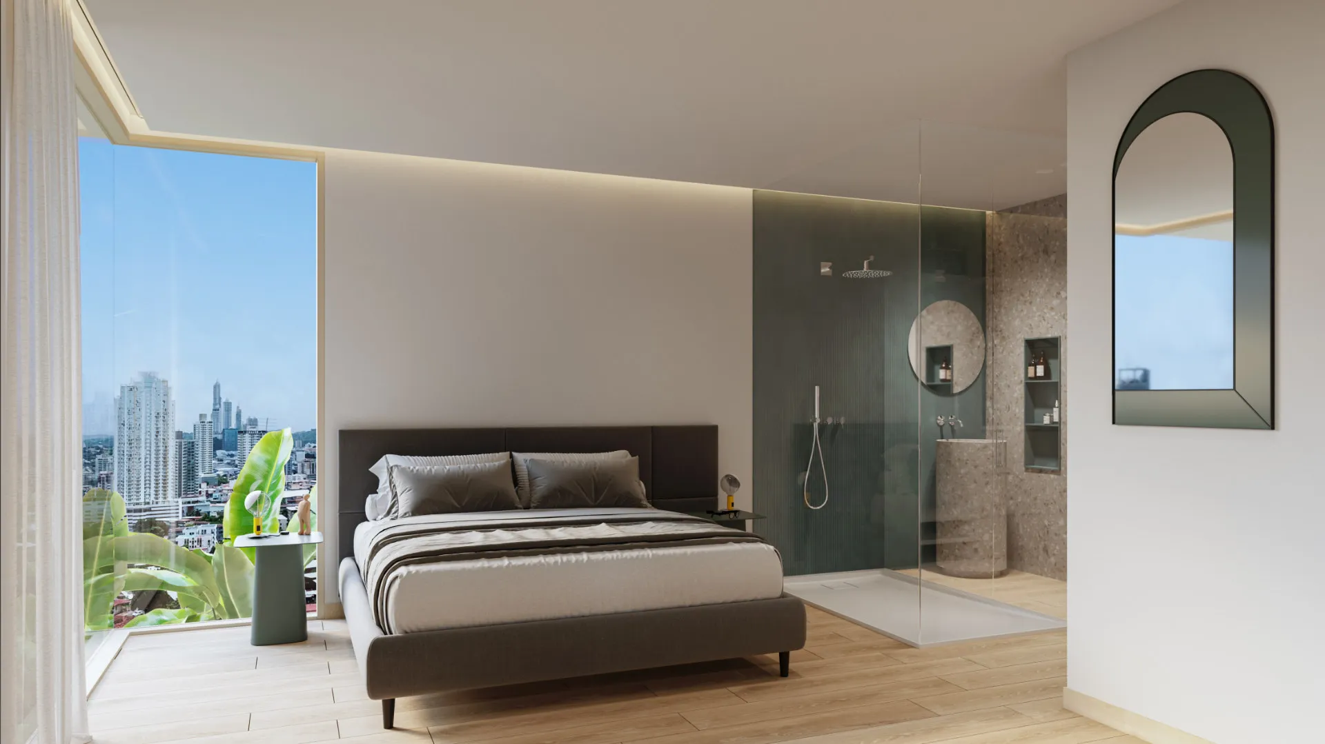 Bedroom with city views in a Gesti 66 apartment