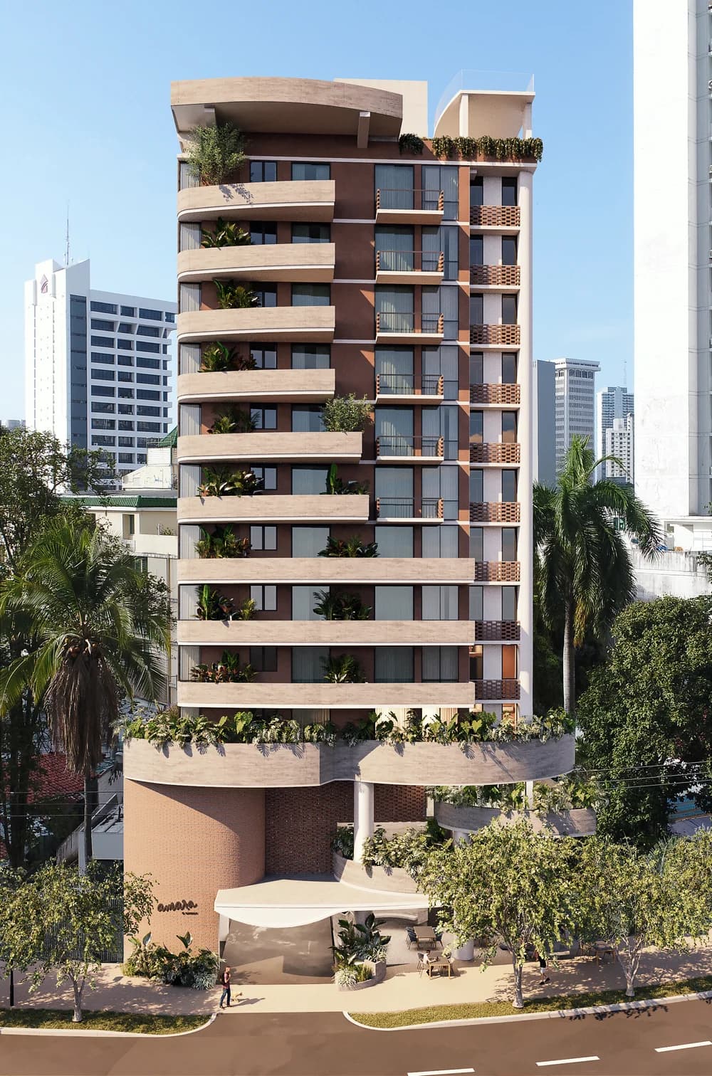 Facade render of the Amara El Cangrejo tower with its planted balconies, Panama City