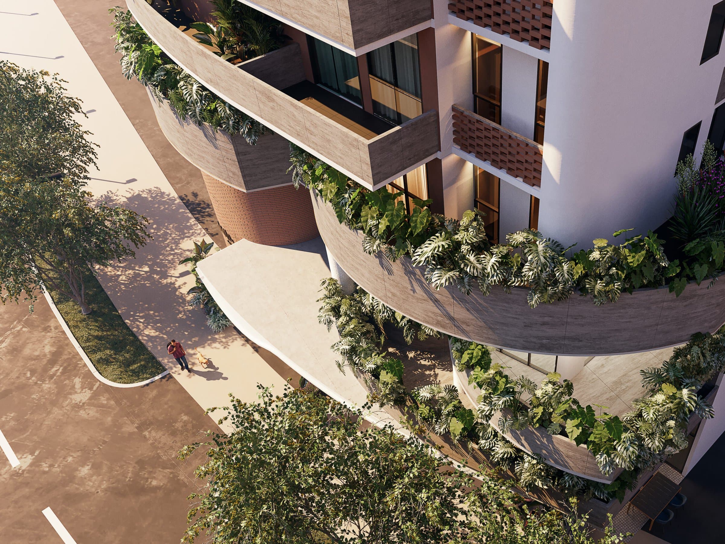 Aerial view of the curved planted balconies of Amara El Cangrejo