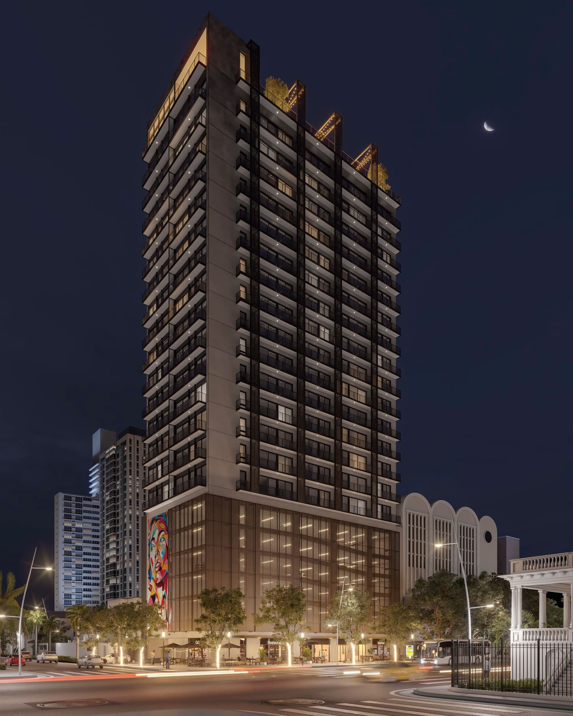 Night view of the Soul tower in Bella Vista, Panama City