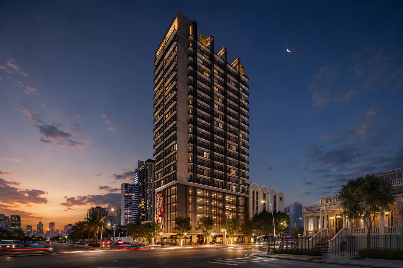 Facade of the Soul tower in Bella Vista at dusk