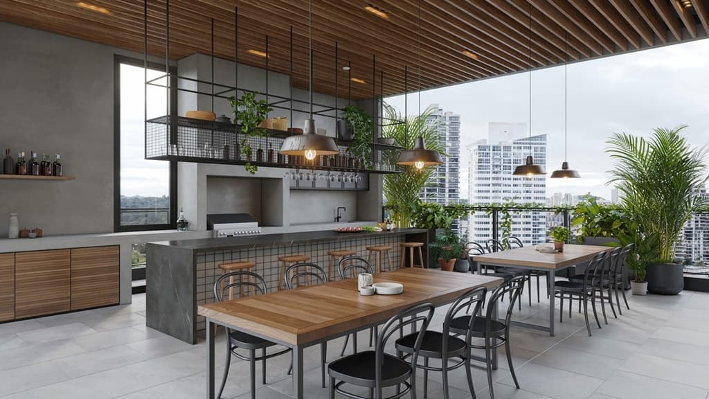 Social area with BBQ kitchen and dining tables at Soul