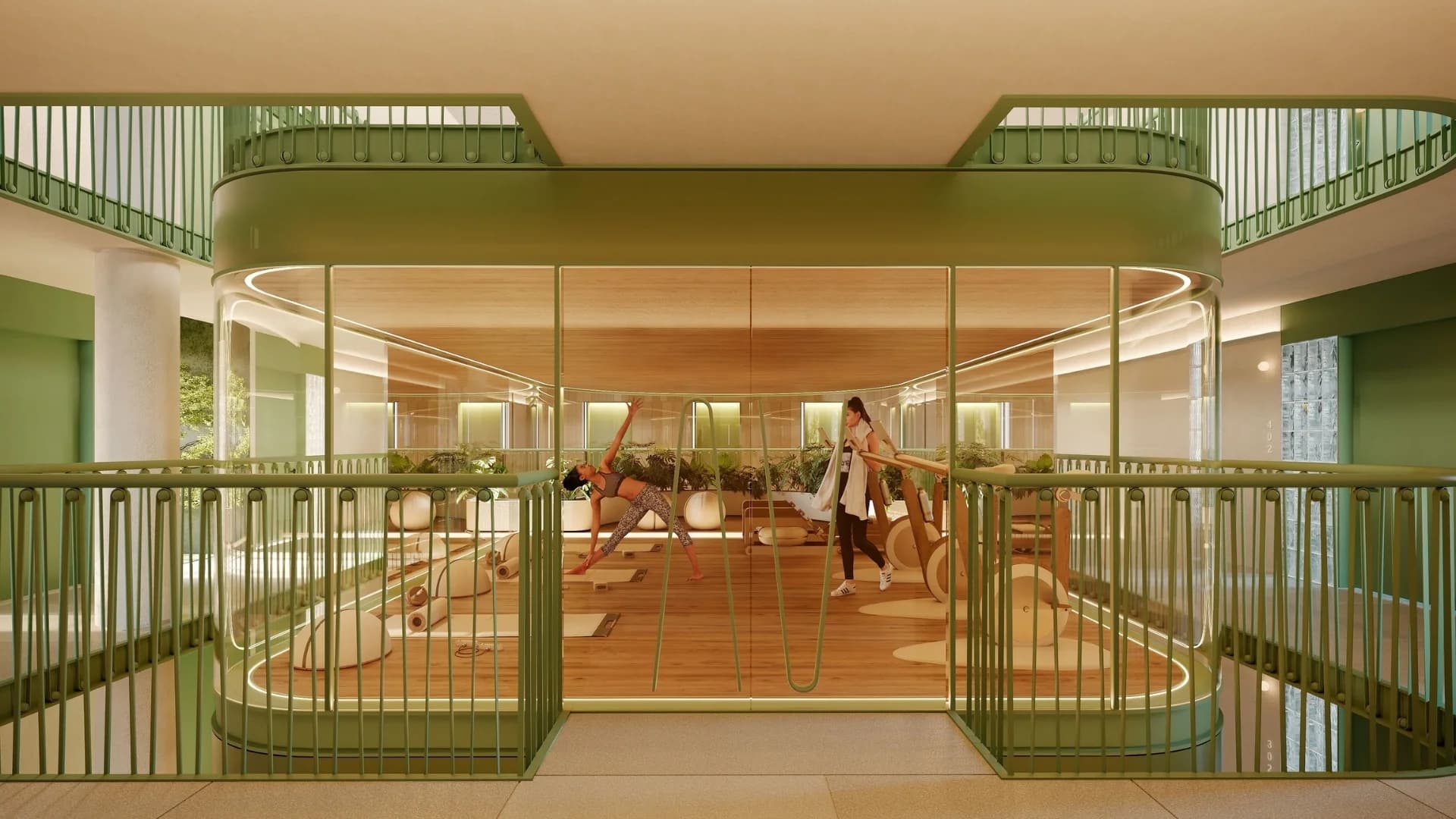 Yoga room overlooking the atrium at Haven