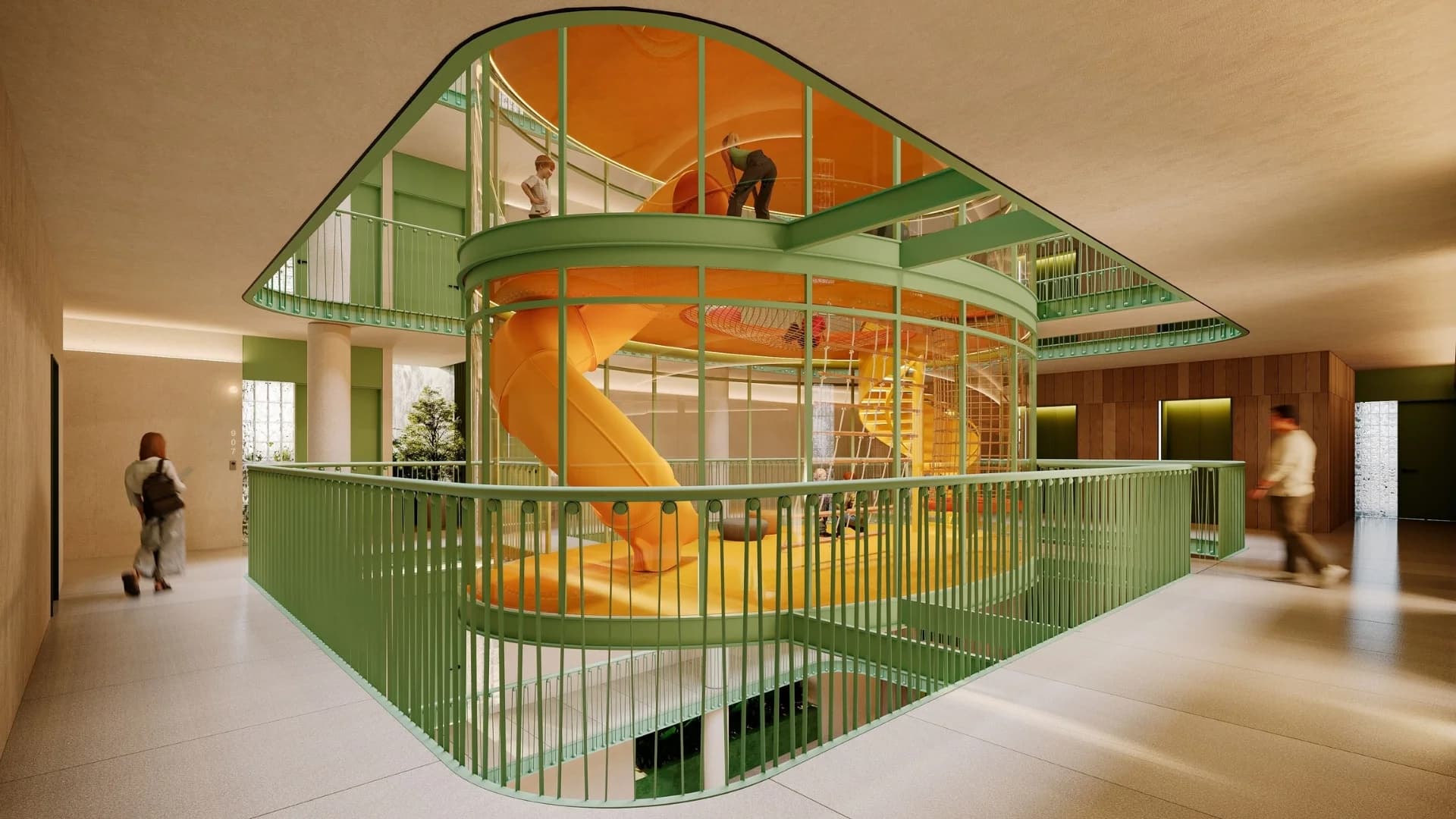 Children's play area with a spiral slide in the atrium at Haven