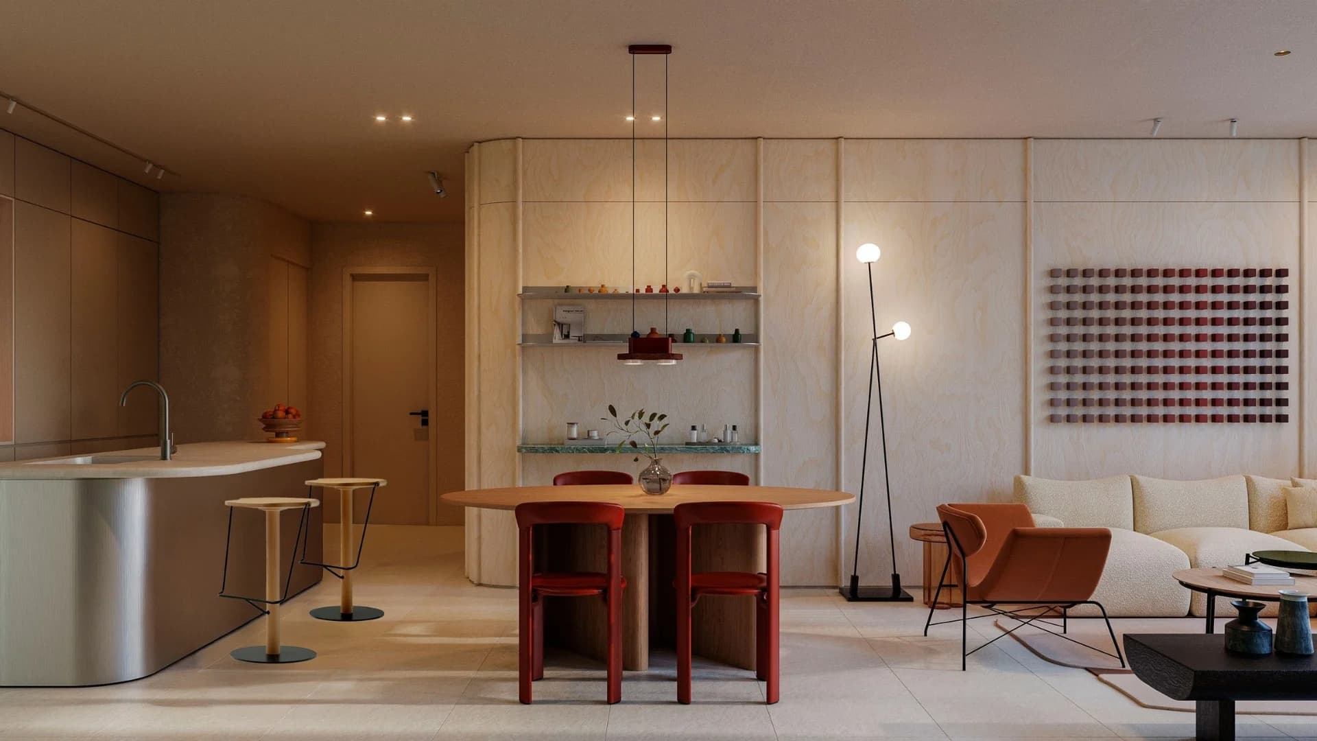 Open kitchen and living room of an apartment at Haven
