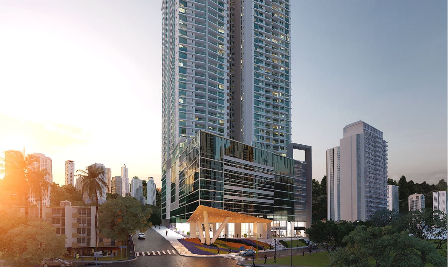 Costanera tower and podium in Bella Vista at dusk
