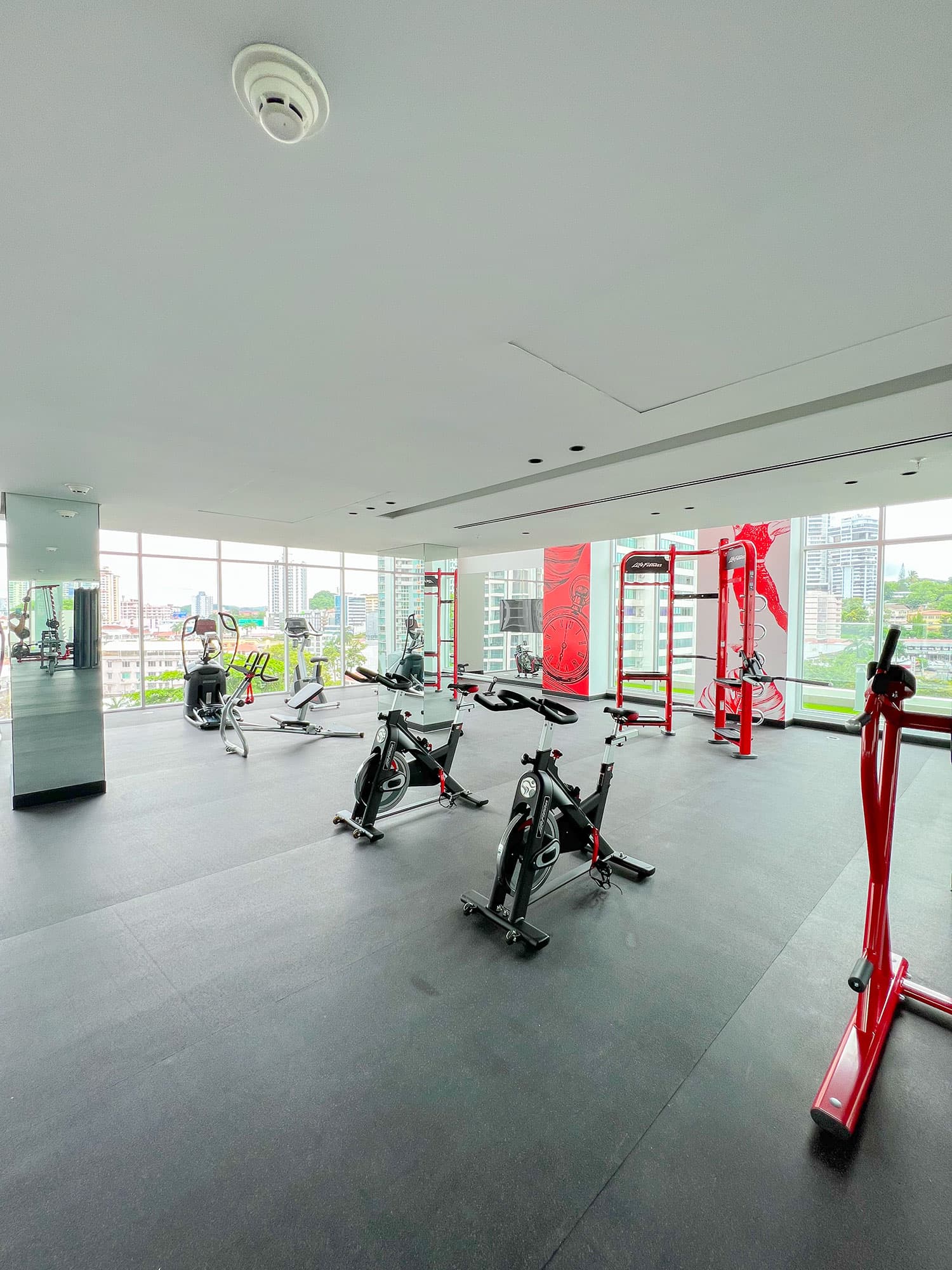 Costanera fitness center with exercise bikes and city views