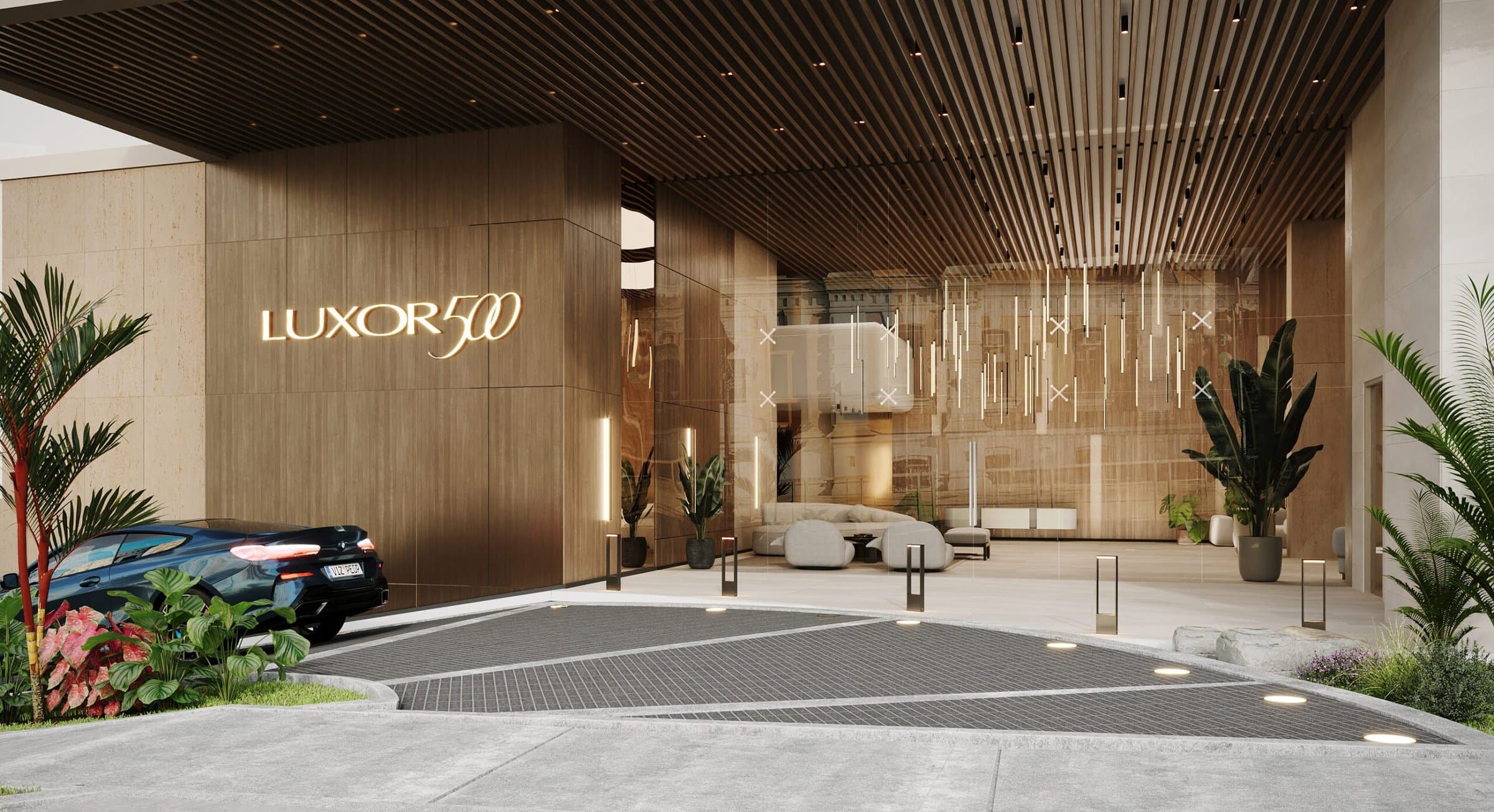 Luxor 500 porte-cochere and entrance lobby with the Luxor 500 sign