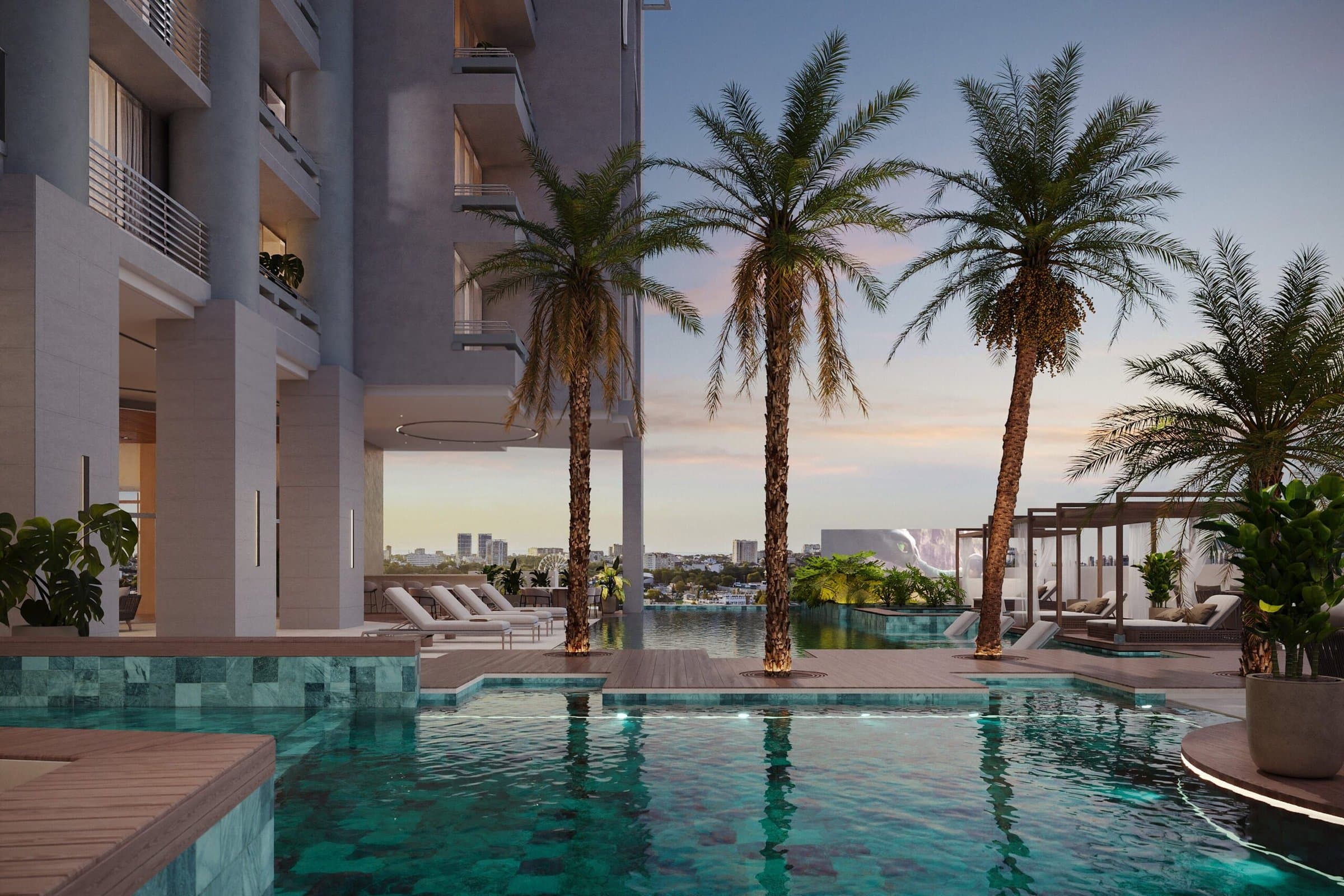 Luxor 500 swimming pool with palm trees and loungers